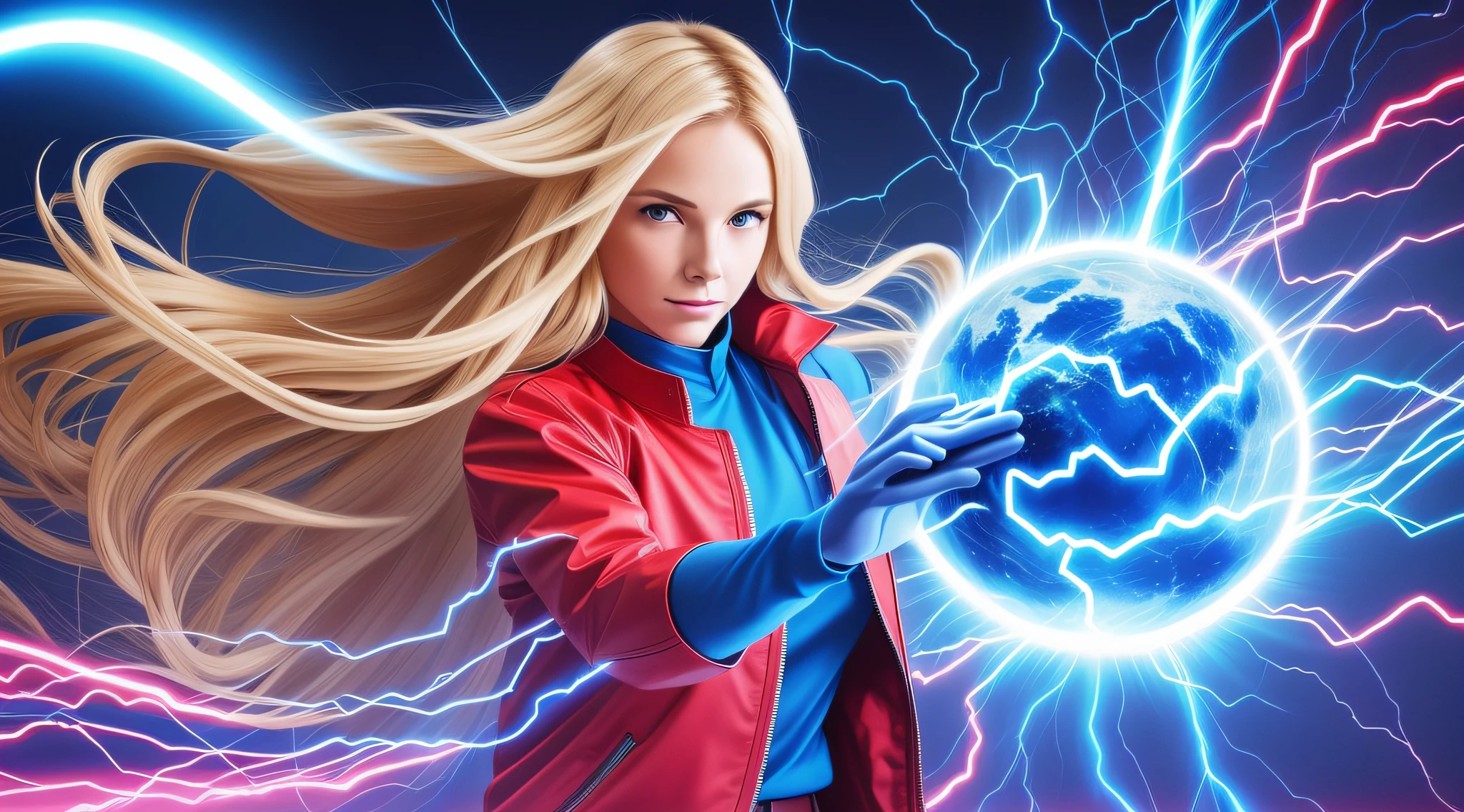 GIRL WITH LONG BLONDE HAIR IN RED JACKETS,WITH a blue ball with lightning in her hand coming out of it, aura of electricity, superpowers of electricity, electric aura, electricity, electric wallpaper, pulsating energy, wires of cosmic energy, lightning of electricity, interdimensional lightning, electrification, blue lightning, spheres of energy, electric, electric, energy emanating and flowing,  blue energy, electric sparks, pulsating energy, flowing energy