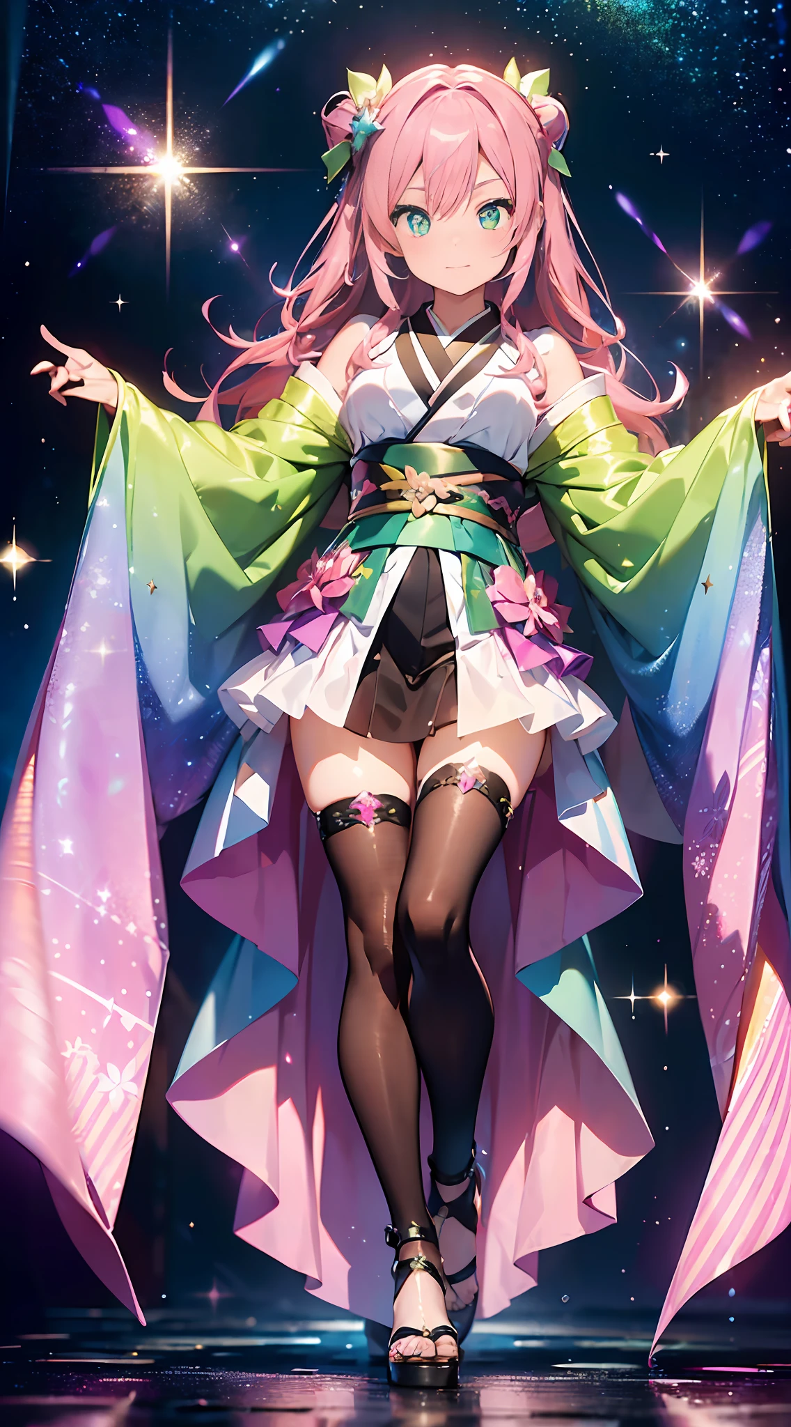 (((Masterpiece))). ((Super detail, top quality, high resolution, movie lighting, glitter, glitter, lens flare, light particles, glowing tones,))
, full body, full body shot.
(1 girl) ((pink hair, long hair, both sides up))
(green eyes), eyeshadow, eyeliner, glowing eyes, beautiful eyes ((sparkling, pink pupils)) 18 year old girl.
light, glow, dazzling, glare, shimmer, reflection, prism, full body, sexy pose
18-year-old girl. She wears a transparent kimono made of PVC material.
