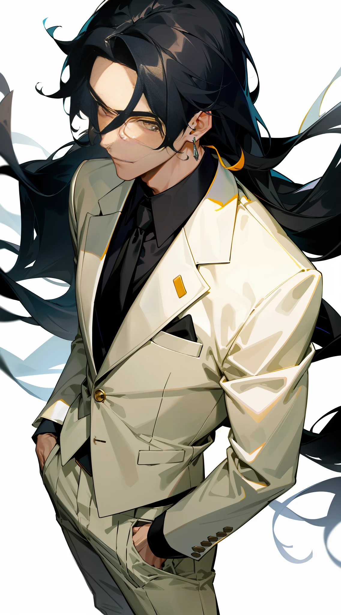 1 Solo Boy, Close Up, Determined Eyes, Business Suit, White Shirt, Tie, Pants, Long Black Hair, Formal Attire, (Light Facial Features, Detailed Skin Texture, Beautiful Face), White Background, Earrings, Yellow Leather, Standing, Masterpiece, Top Quality, Best Quality