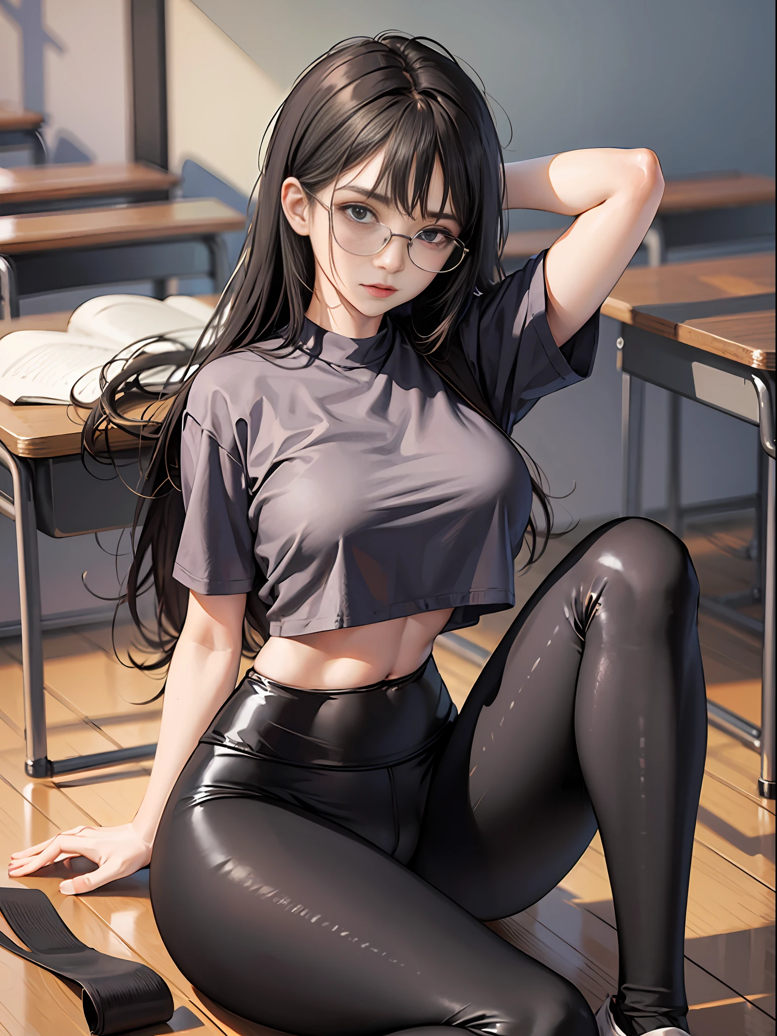 In the classroom, a teacher wearing gold wire glasses, black hair, wearing yoga pants, sitting on a desk with his chest exposed, super tight yoga pants, and a crotch under his body,