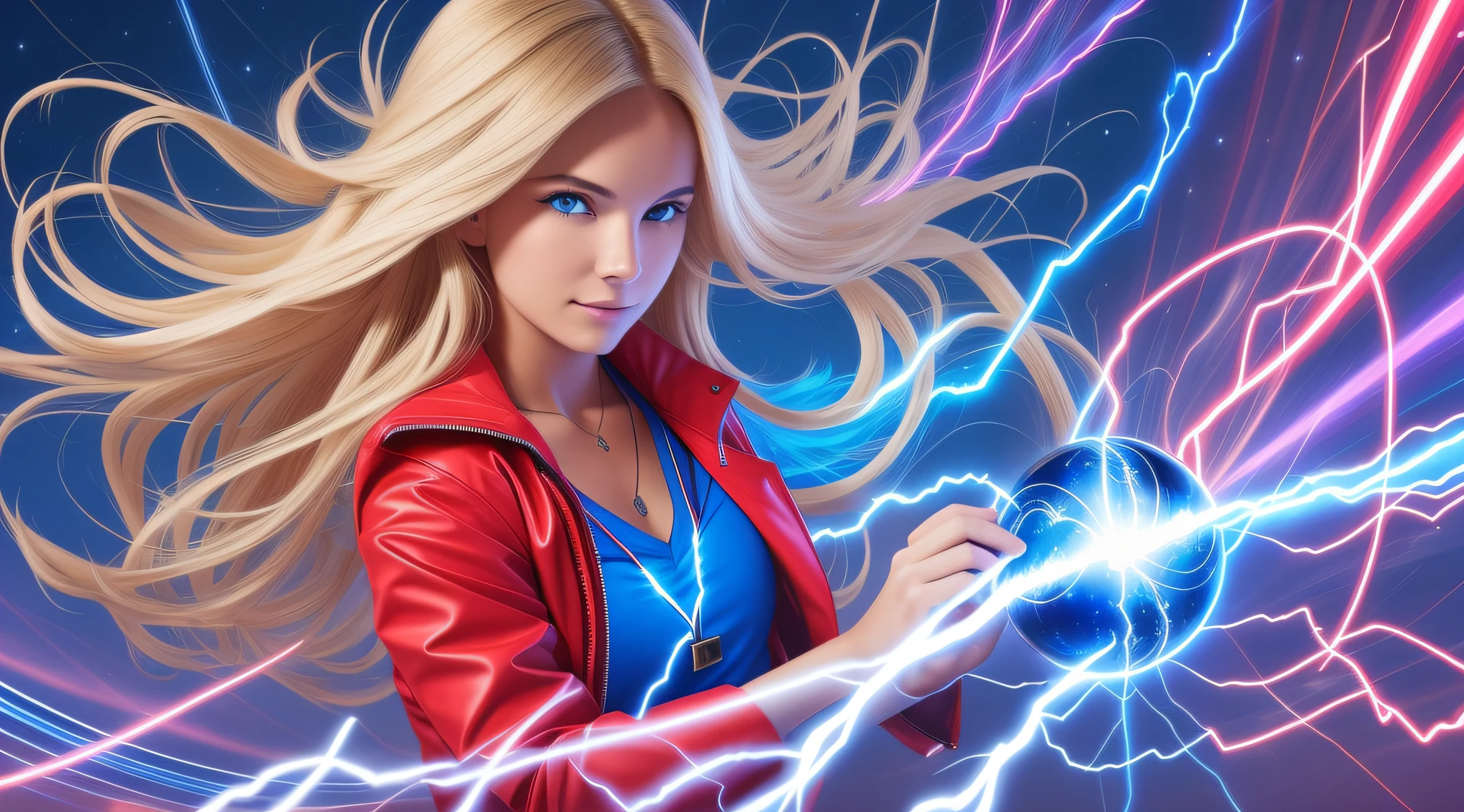 GIRL WITH LONG BLONDE HAIR IN RED JACKETS,WITH A BLUE BALL WITH LIGHTNING IN YOUR HAND, aura of electricity, superpowers of electricity, electric aura, electricity, electric wallpaper, pulsating energy, wires of cosmic energy, lightning of electricity, interdimensional lightning, electrification, blue lightning, spheres of energy, electric, electric, energy emanating and flowing, blue energy, electric sparks, pulsating energy, flowing energy