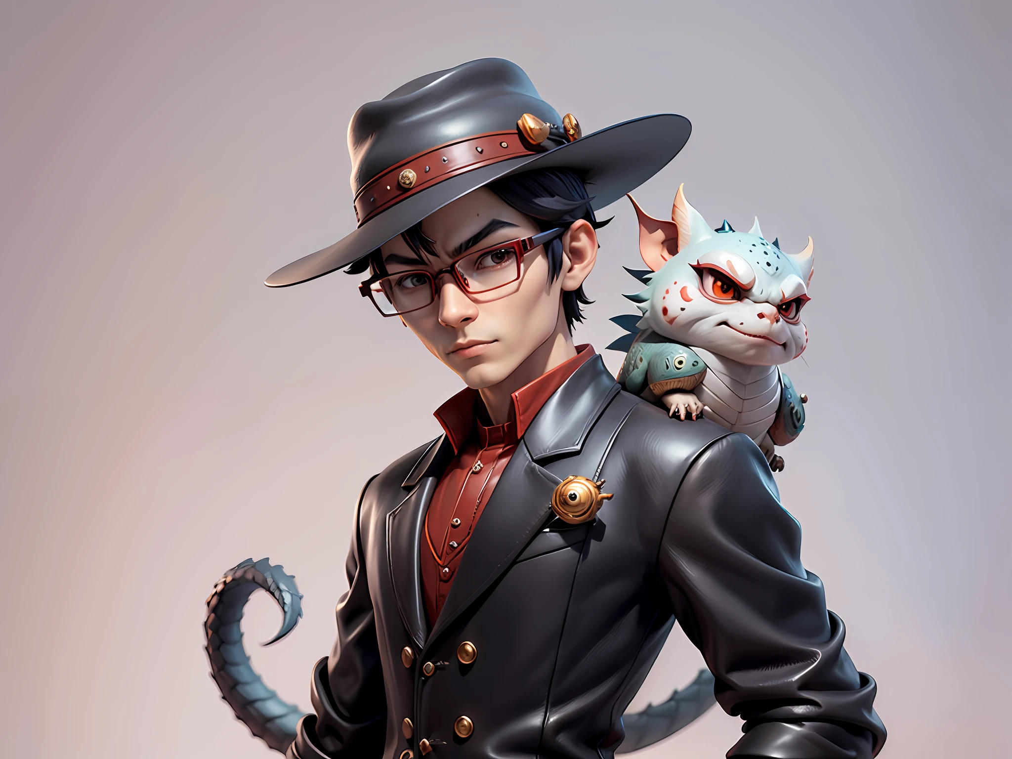 Young man with oriental face in leather hat, dragon, formal suit, short black hair, silver glasses, digital painting, 3D character design by Mark Clairedon and Pixar and Hayao Miyazaki and Akira Toriyama, the illustration is a high-definition illustration in 4K resolution with very detailed facial features and cartoon-style visuals.