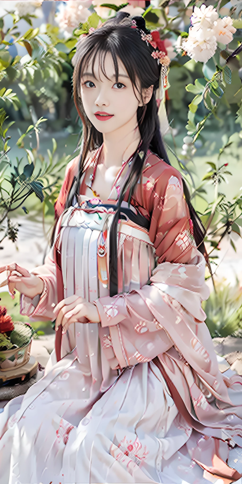 Masterpiece, black_hair, 1 Girl, Looking at the Audience, long_hair, nail_polish, Solo, Ancient Art, Chinese, (8K, Best Quality, Masterpiece: 1.2), (Realistic, Realistic:1.2), (Background Sky: 1.2), (Bust Photo: 1.7), Looking at the Audience, Hanfu, 1girl, (Red Flower Pine Ink: 1.1), Close-up of the face, Detailed face, Hanfu, Tang system, Chest-length skirt, pleated skirt,cinematic lighting, motion blur, ray tracing, god rays, bloom, drop shadow, close-up, lens flare, UHD, masterpiece, ccurate, anatomically correct, textured skin, super detail, high details, high quality, award winning, best quality, highres, 16k, HD, accurate, correct hand, (anatomically correct: 1.5),