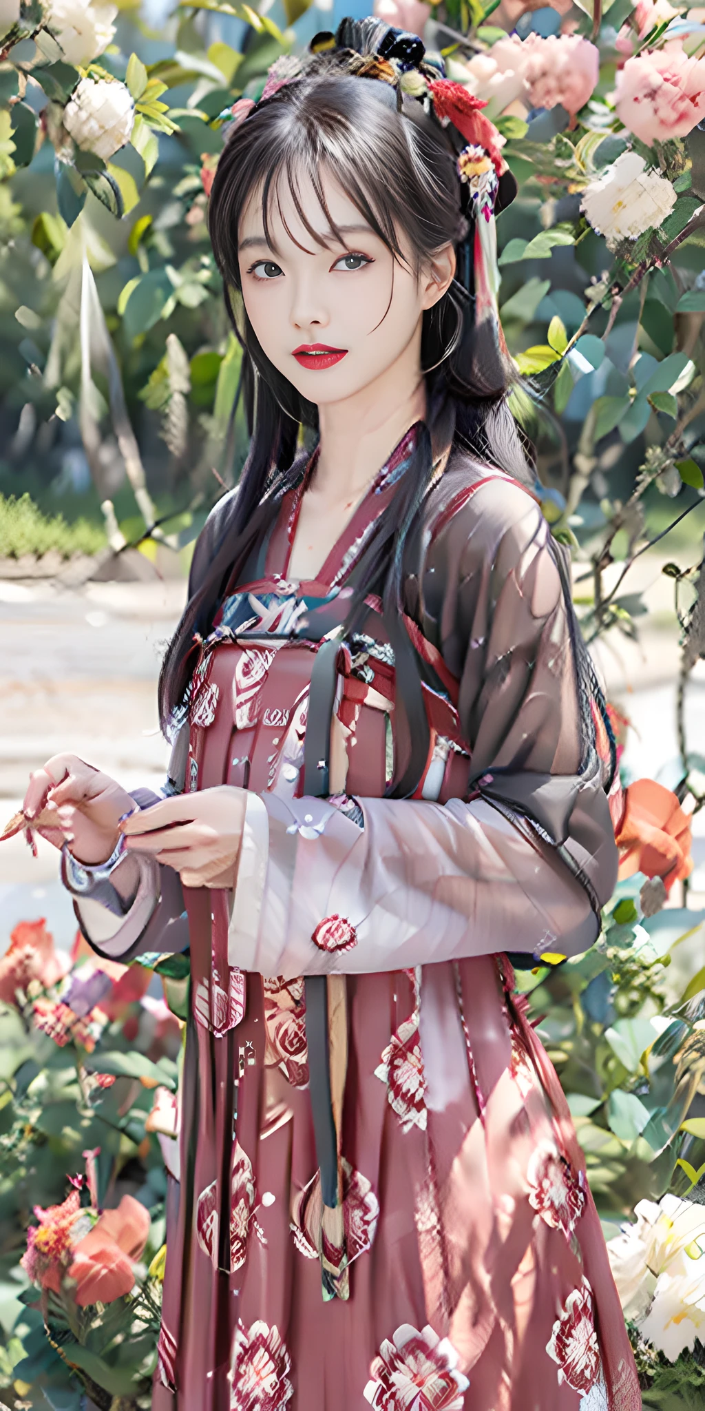 Masterpiece, black_hair, 1 Girl, Looking at the Audience, long_hair, nail_polish, Solo, Ancient Art, Chinese, (8K, Best Quality, Masterpiece: 1.2), (Realistic, Realistic:1.2), (Background Sky: 1.2), (Bust Photo: 1.7), Looking at the Audience, Hanfu, 1girl, (Red Flower Pine Ink: 1.1), Close-up of the face, Detailed face, Hanfu, Tang system, Chest-length skirt, pleated skirt,cinematic lighting, motion blur, ray tracing, god rays, bloom, drop shadow, close-up, lens flare, UHD, masterpiece, ccurate, anatomically correct, textured skin, super detail, high details, high quality, award winning, best quality, highres, 16k, HD, accurate, correct hand, (anatomically correct: 1.5),