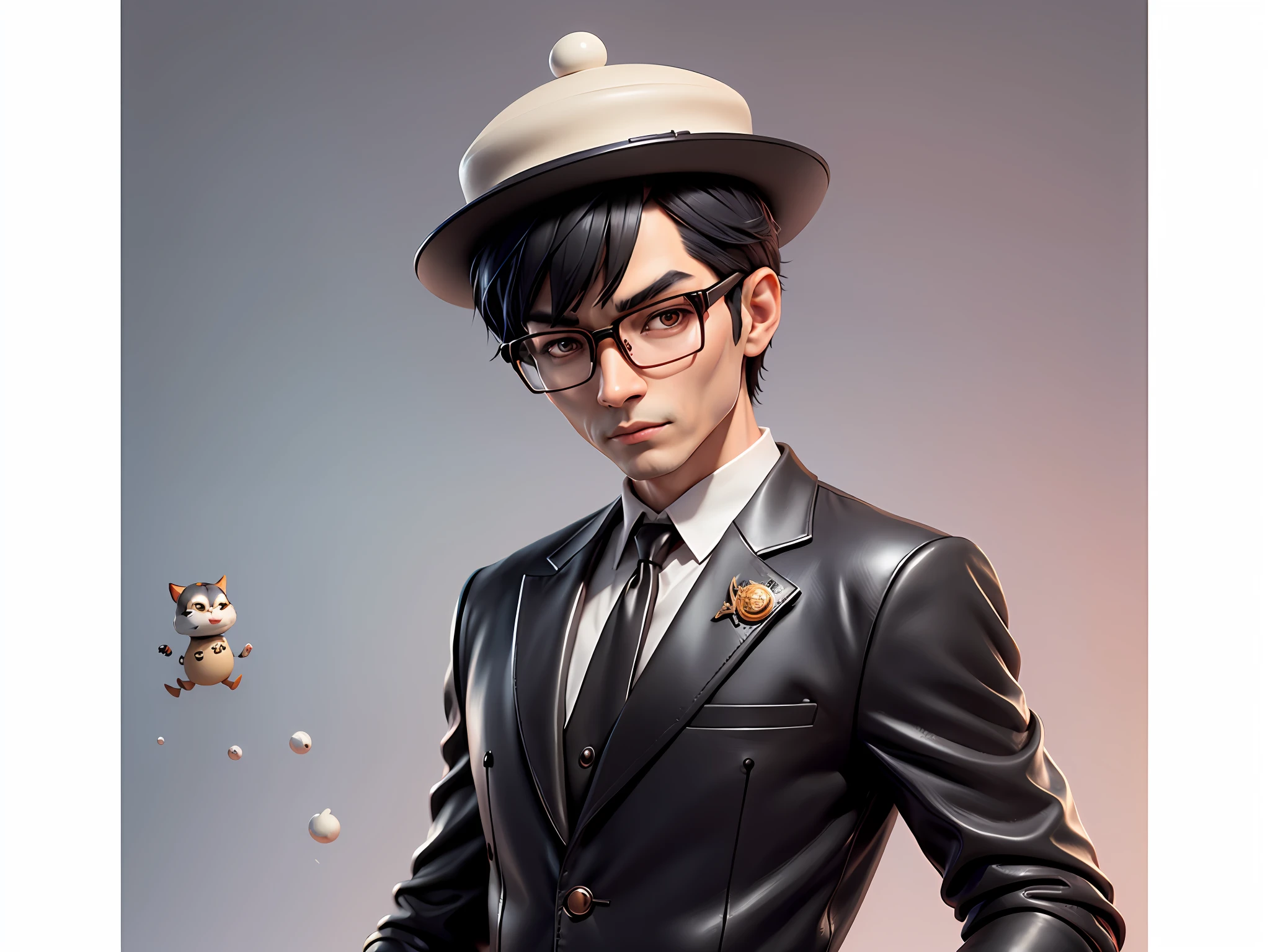Young man with oriental face in leather hat, tiger, oriental face in formal suit, short black hair, silver glasses, digital painting, 3D character design by Mark Clairedon and Pixar and Hayao Miyazaki and Akira Toriyama, the illustration is a high-definition illustration in 4K resolution with very detailed facial features and cartoon-style visuals.