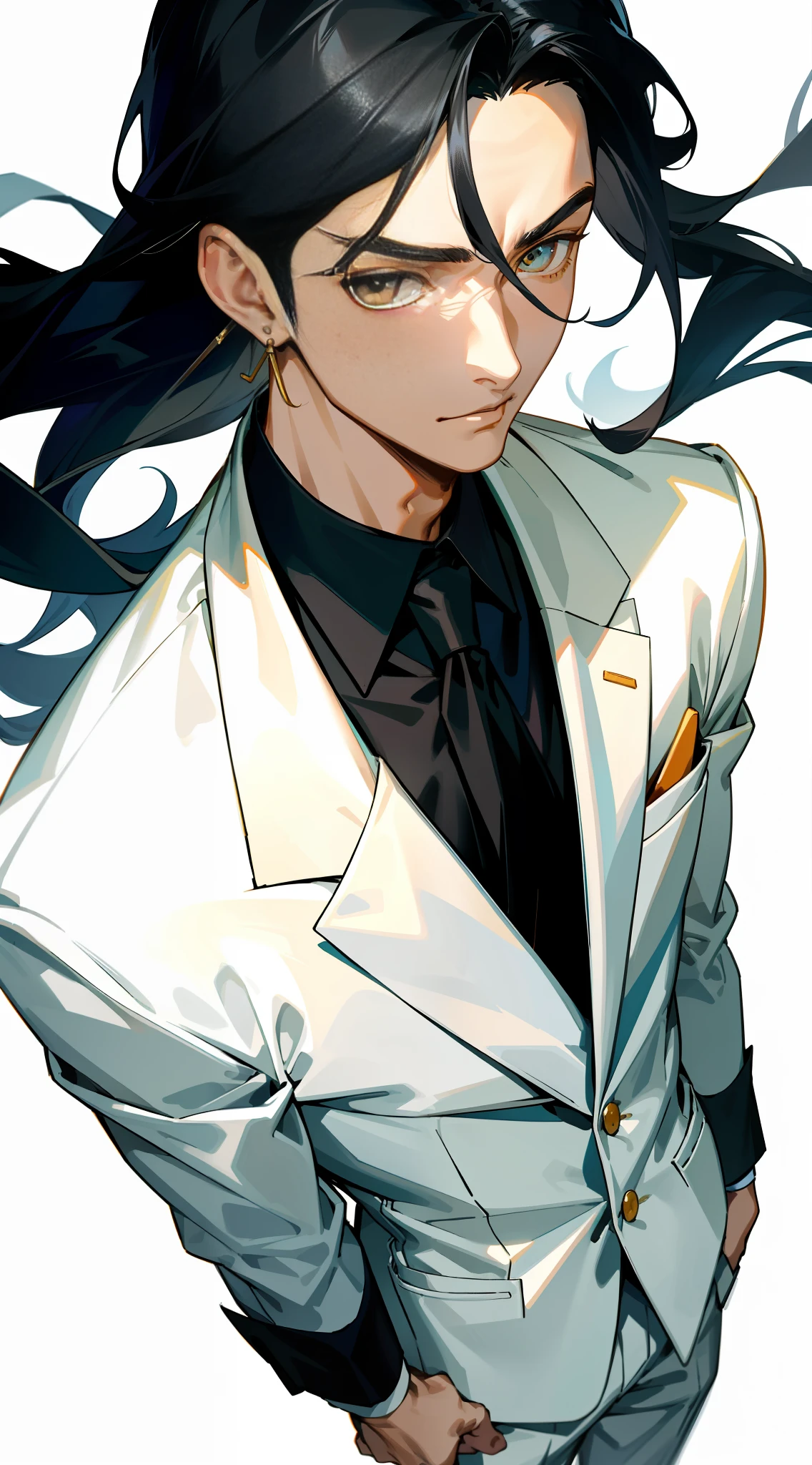 1 Solo Boy, Close Up, Determined Eyes, Business Suit, White Shirt, Tie, Pants, Long Black Hair, Formal Attire, (Light Facial Features, Detailed Skin Texture, Beautiful Face), White Background, Earrings, Yellow Leather, Standing, Masterpiece, Top Quality, Best Quality