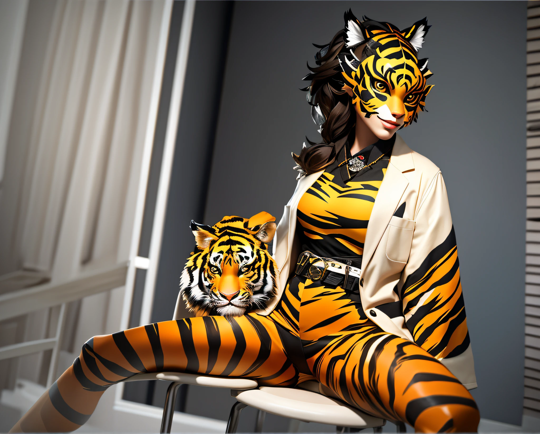 painting of a woman with a tiger mask sitting on a chair, inspired by Koson Ohara, ((tiger)), anthropomorphic tiger, only dressed in a bikini. Sexy painting, (sfw) is not safe for work, inspired by Cindy Sherman, tiger_beast