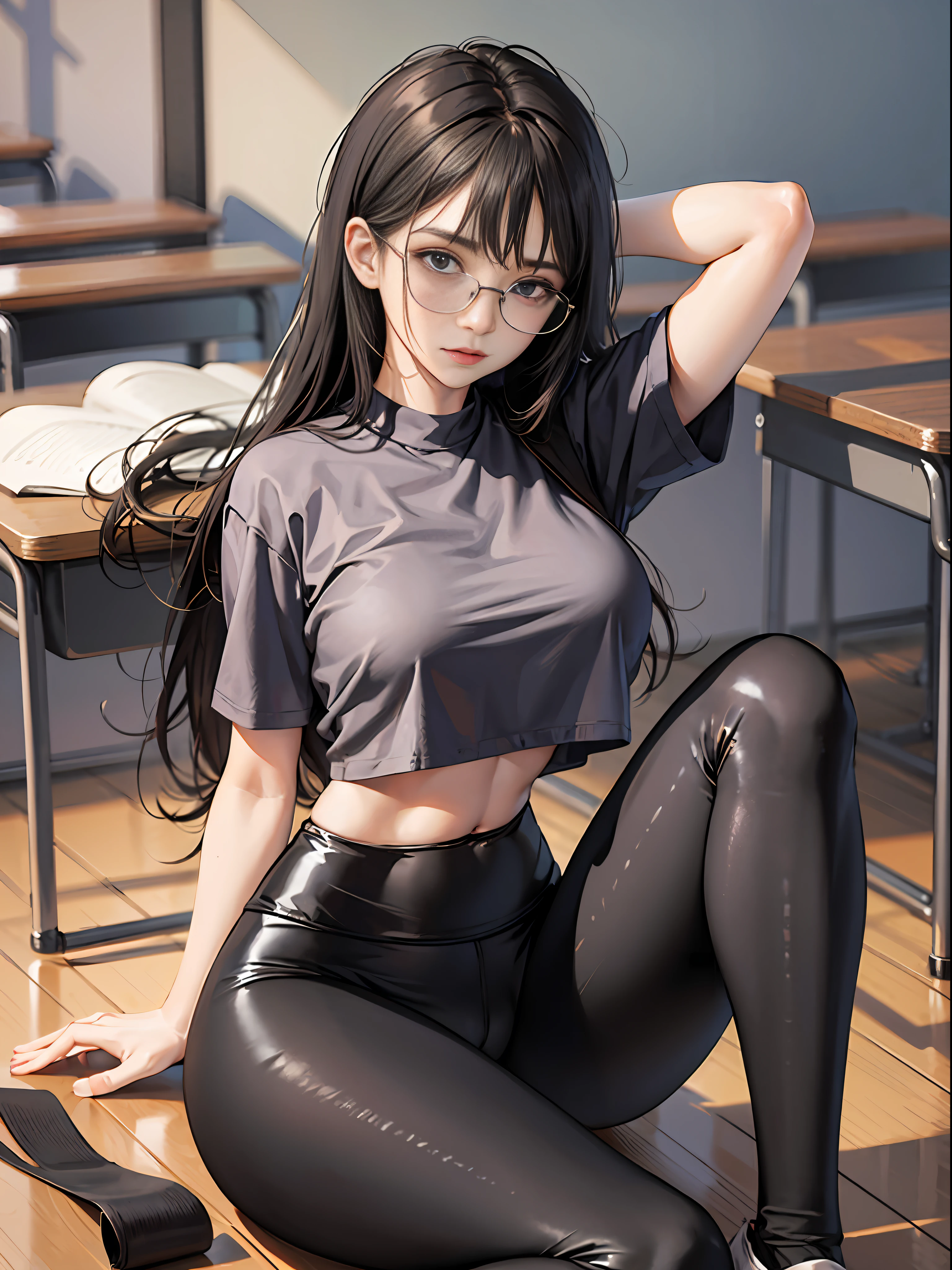 In the classroom, a teacher wearing gold wire glasses, black hair, wearing yoga pants, sitting on a desk with his chest exposed, super tight yoga pants, and a crotch under his body,