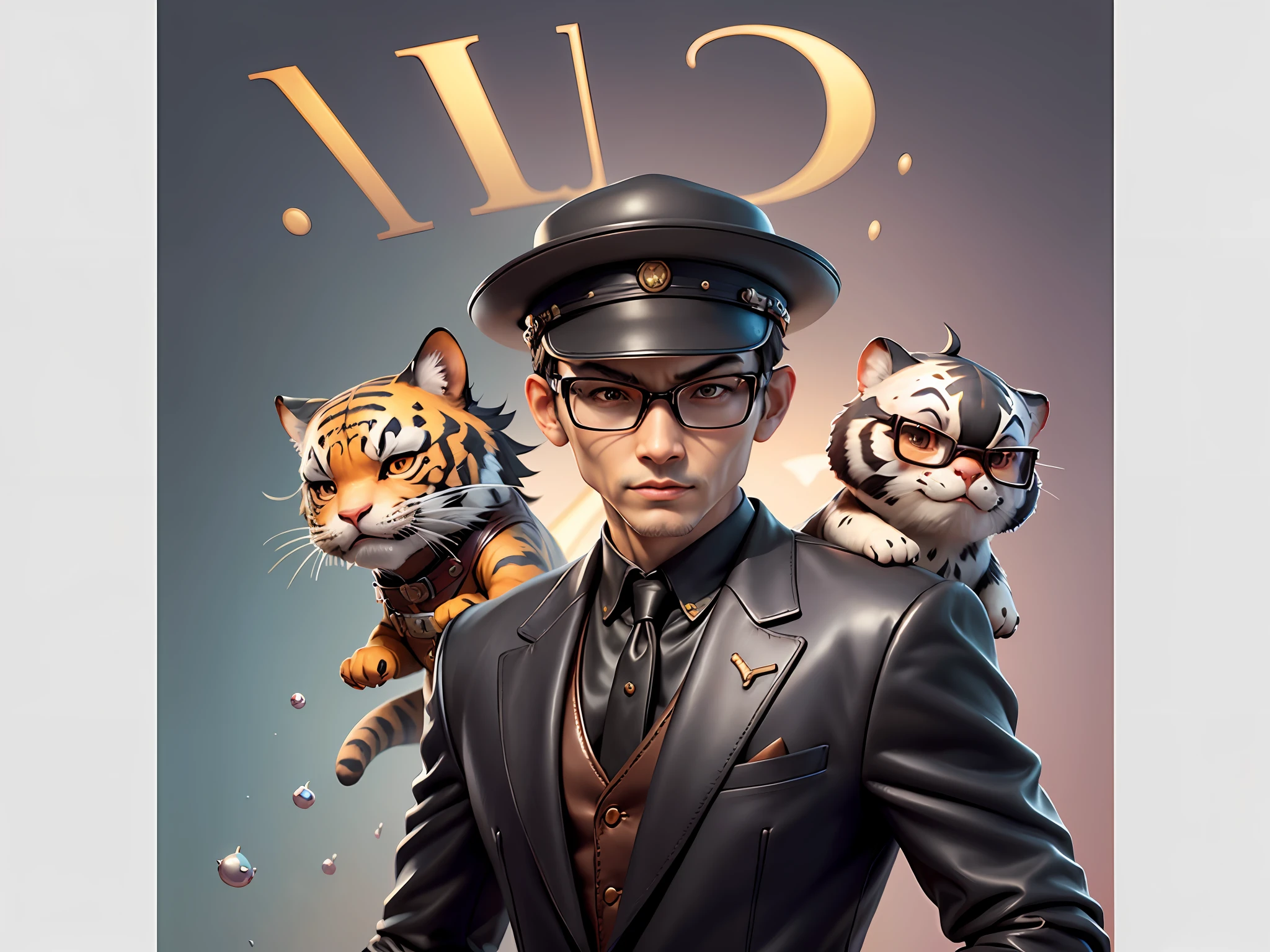 Young man with oriental face in leather hat, tiger, oriental face in formal suit, short black hair, silver glasses, digital painting, 3D character design by Mark Clairedon and Pixar and Hayao Miyazaki and Akira Toriyama, the illustration is a high-definition illustration in 4K resolution with very detailed facial features and cartoon-style visuals.
