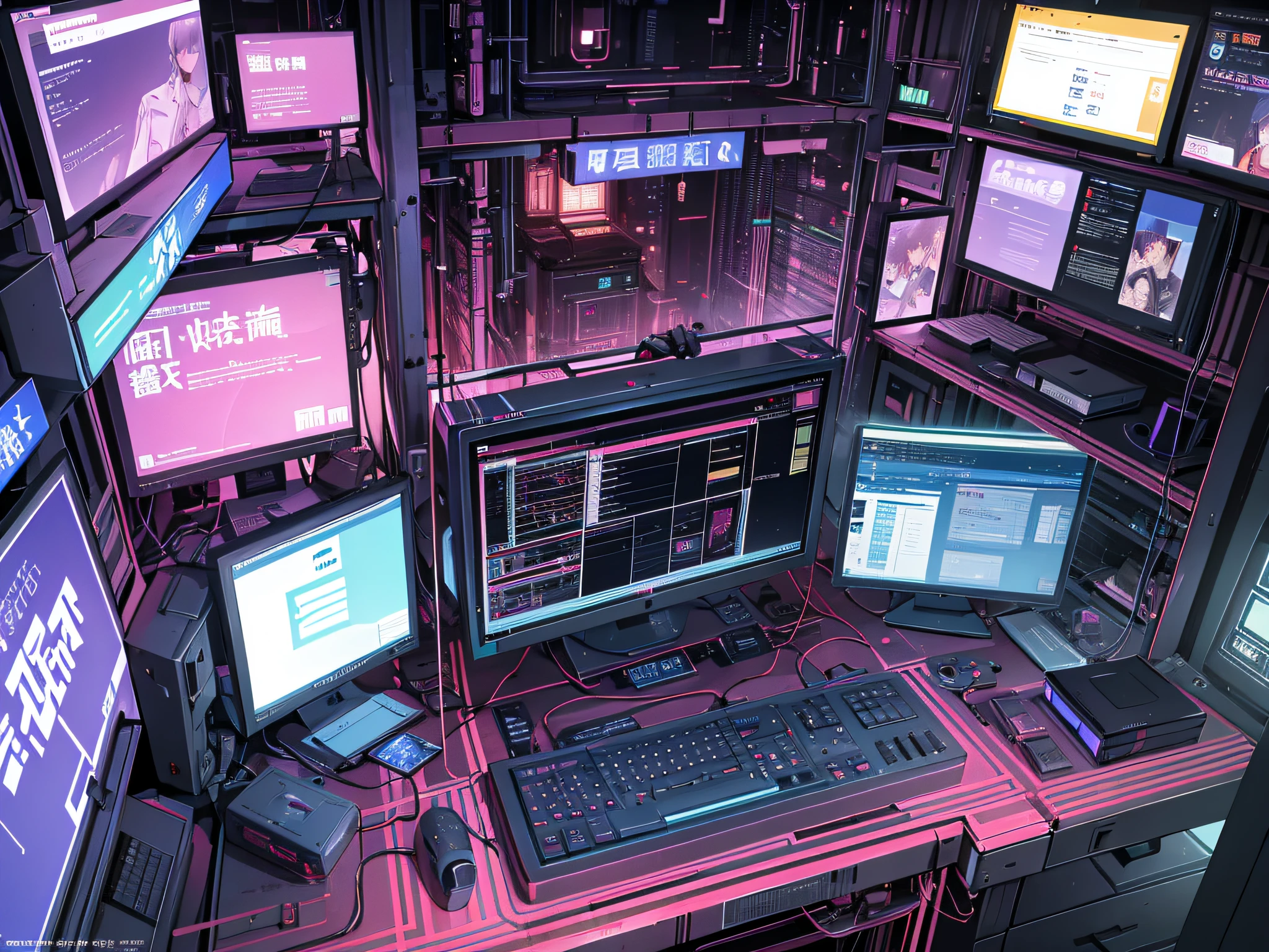 ((最佳质量)),(((超详细)))。(((杰作))),插图。Technical incompetence, near-death experience, futuristic dystopia, hacking attempt, surrounded by monitors and wires, intense fear and panic.