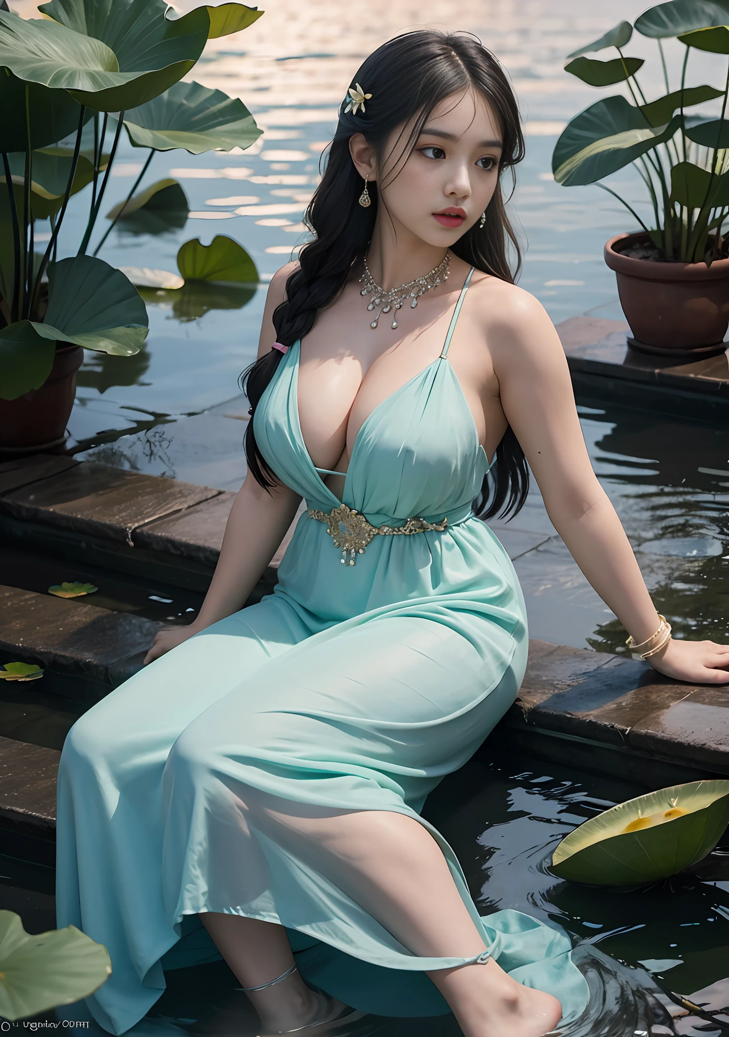 Sitting in a lotus pond full of lotus flowers, feet playing in the water, oversized red carp in the air, a charming woman with a melon face, wearing a flowing, silky traditional oriental dress, long, aqua blue, decorated with intricate patterns and bright colors. Her dress drapes elegantly over her curvy figure, accentuating her seductive silhouette. She sits gracefully by the tranquil lotus lake, her feet playing in the water, bathed in the soft glow of the moonlight. The scene exudes an ethereal and dreamy atmosphere, with a touch of mystery and sexiness. The graphic style blends watercolor and digital illustration techniques to evoke a refined beauty and charm. The lights are filled with soft moonlight, casting soft highlights and shadows on her charming features. Bare thighs, big breasts, three-dimensional facial features, sitting, upturned legs, side braids, lotus