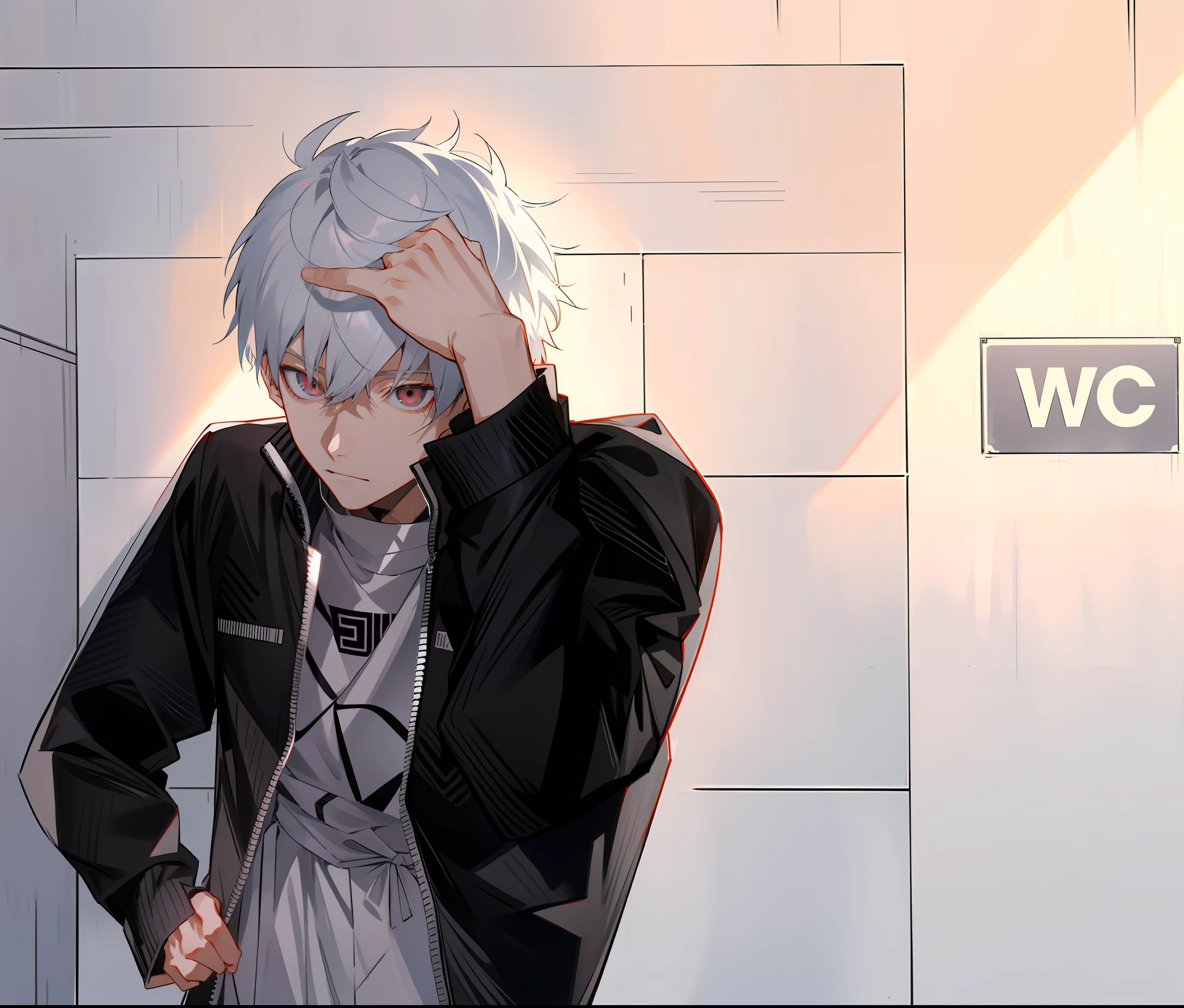 anime boy in black jacket standing in front of a wall, ken kaneki, 2 d anime style, at pixiv, kaneki ken, he has dark grey hairs, pixiv contest winner, kaworu nagisa, trending on pixiv, in an anime style, a silver haired mad, top rated on pixiv, pixiv trending, pixiv