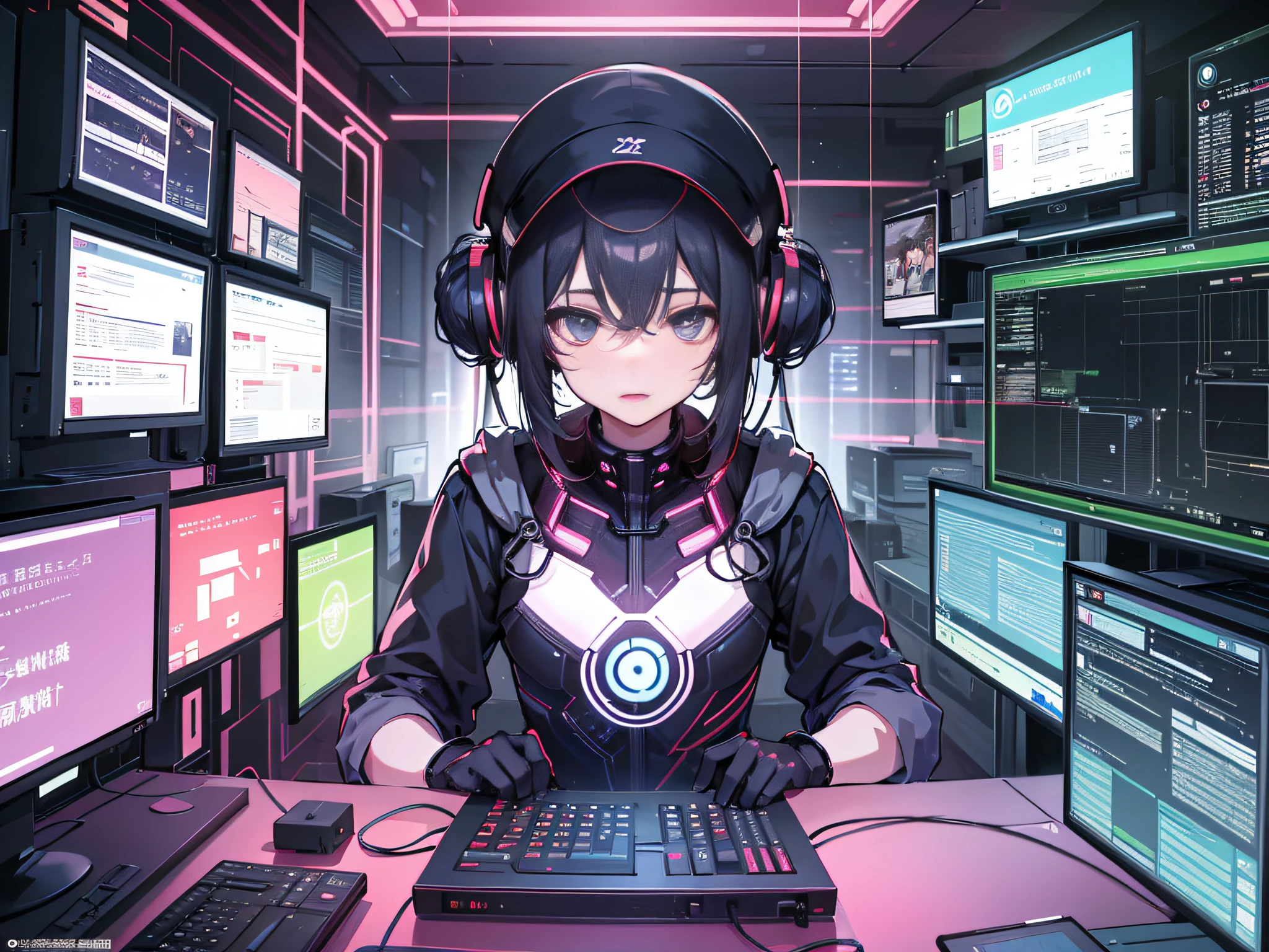 （（最佳质量）），（（（超详细）））。（（（杰作））），插图。Technical incompetence, near-death experience, futuristic dystopia, hacking attempt, surrounded by monitors and wires, intense fear and panic.