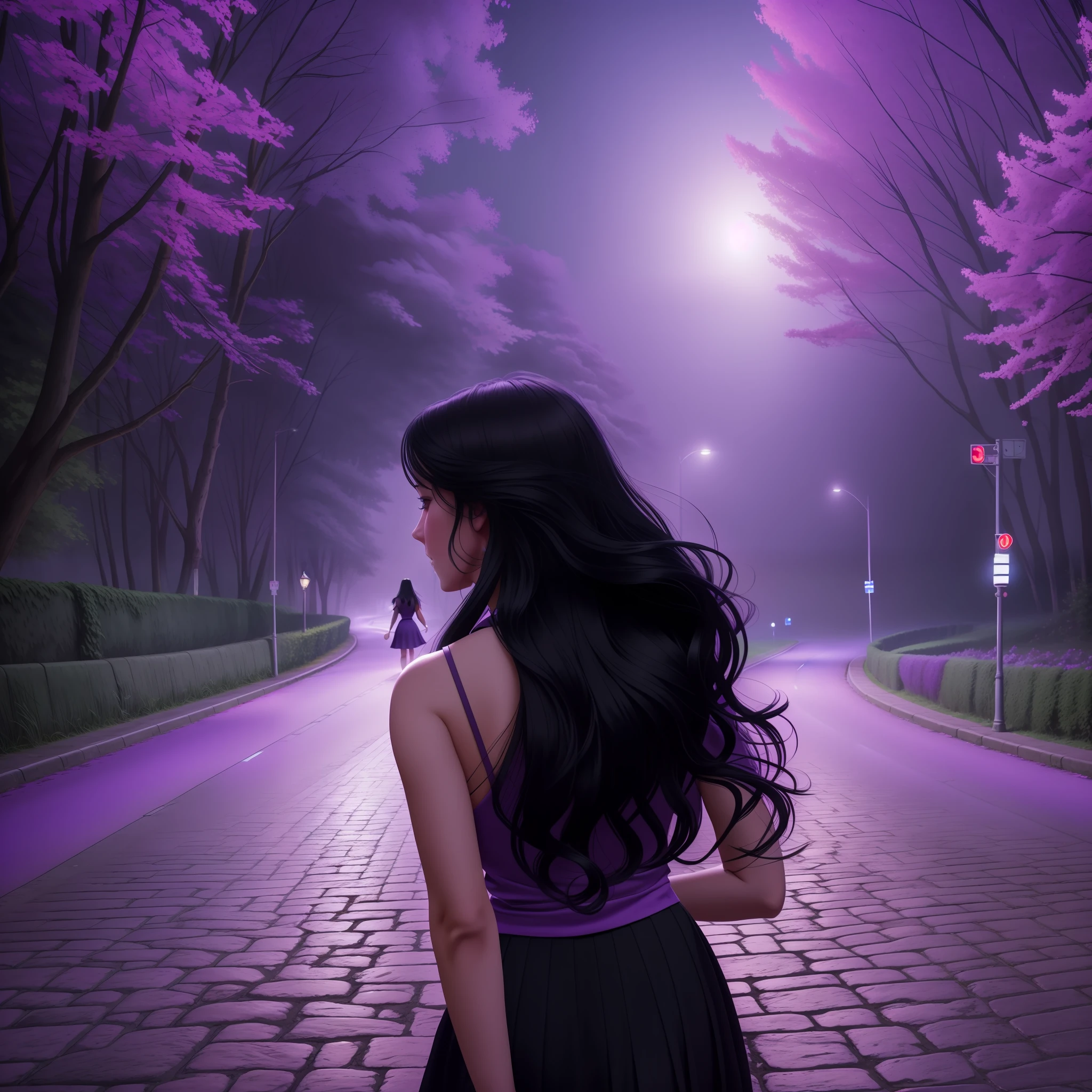 Woman walking on her back down a road at night, with fog and shadows, wavy and long black hair, high quality, ultra-detailed, 8k, masterpiece, (volumetric lighting), black magic, fanciful, lilac colors, purple, shadows and vivid on the woman's back, in school uniform --auto --s2