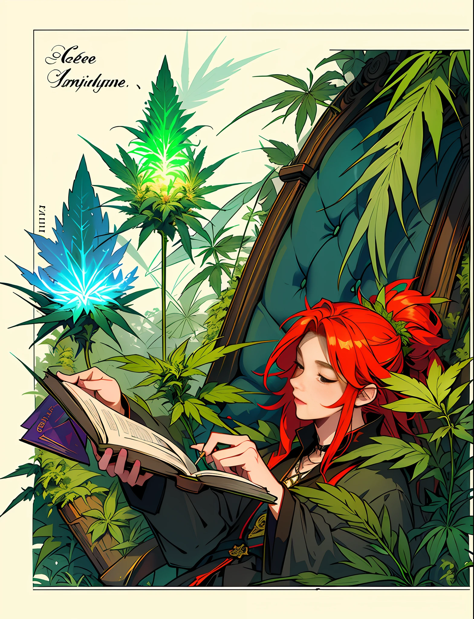 Close up closeup Hemp, leaf, ?????????, ???????? cone, ((illustration)), colorful, wallpaper, energy, secret, magical environment, magical environment, magic wand, books, pages flying in the sky, omniscience, prediction of the future, understanding the past, frost magic, spells, red hair, long hair, --v 6