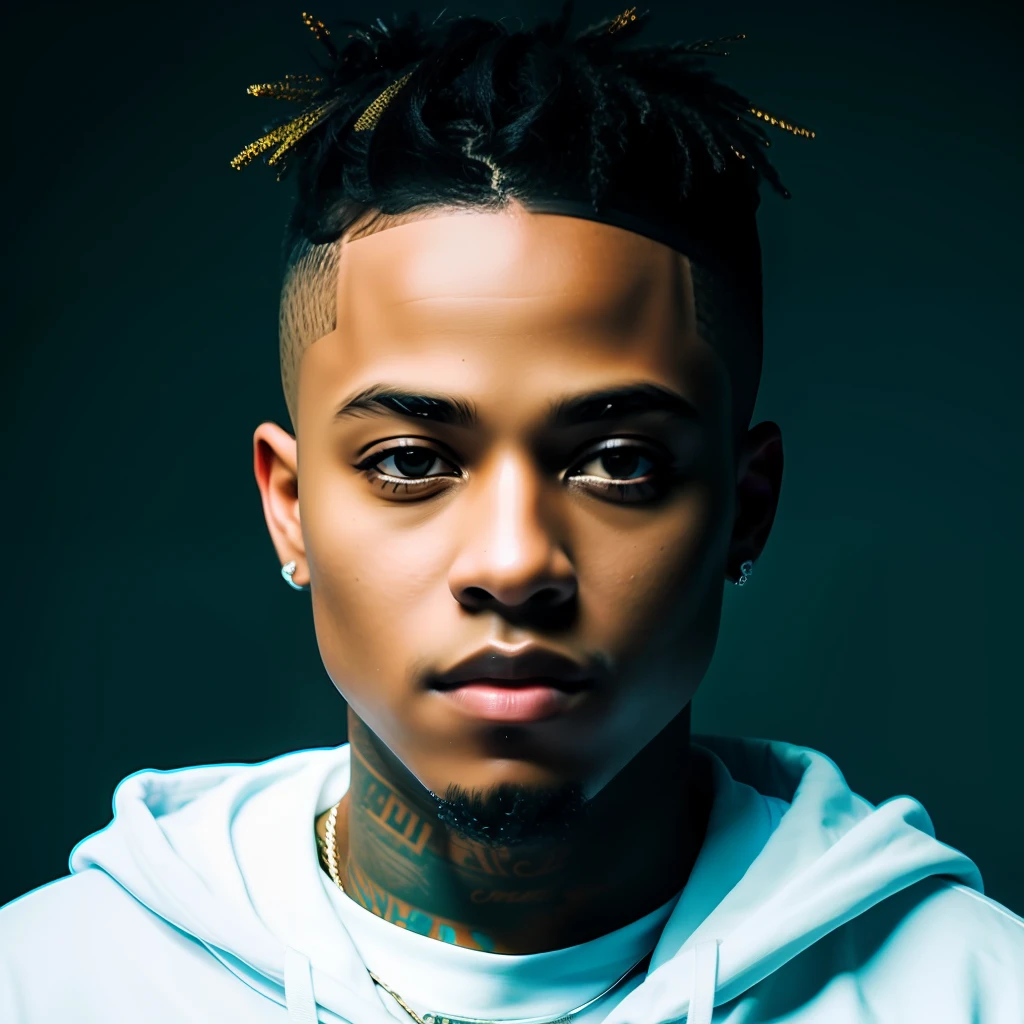 xxxtentacion, decorated with sparkling gloss, neon lights, original analog style, captivating gaze, captivating expression. The background should be neutral and simple, paying close attention to details such as the highlights and shadows on his face and hair to create a realistic and realistic image. Experiment with different lighting techniques to enhance the mood and mood of your portraits. Highly detailed skin, skin detail, sharp focus, volumetric fog, 8k uhd, dslr, high quality, film grain, fujifilm xt3, (best quality: 1.4), (masterpiece: 1.4), (detail: 1.3)