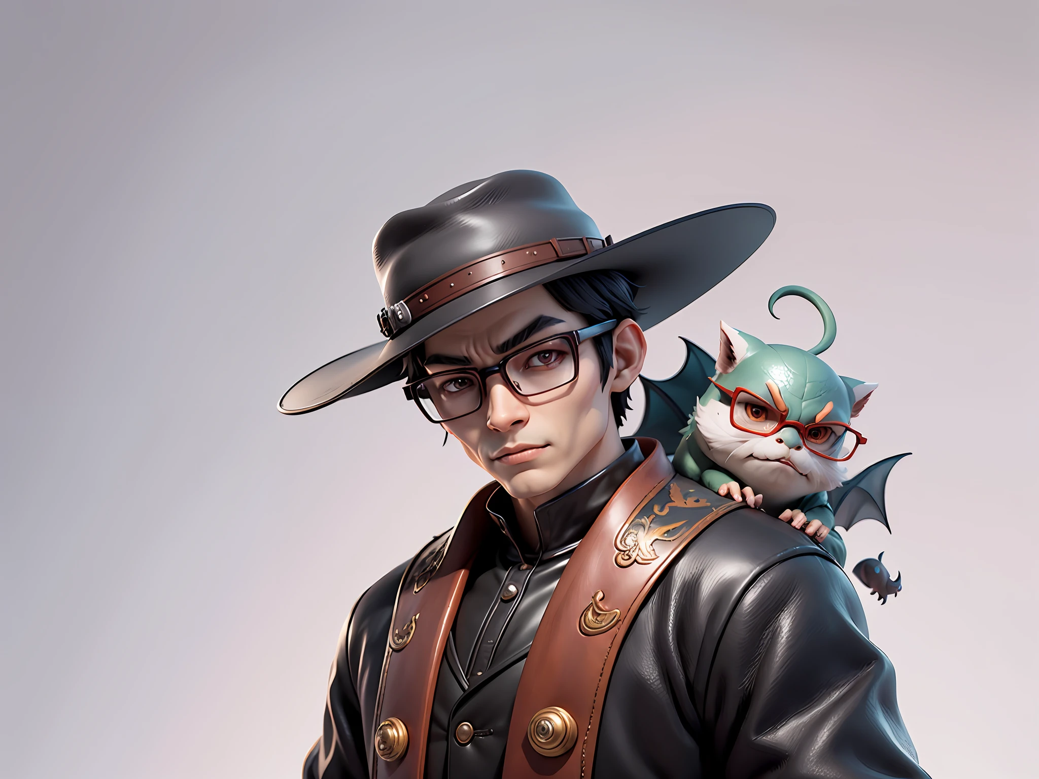 Young man with oriental face in leather hat, dragon, formal suit, short black hair, silver glasses, digital painting, 3D character design by Mark Clairedon and Pixar and Hayao Miyazaki and Akira Toriyama, the illustration is a high-definition illustration in 4K resolution with very detailed facial features and cartoon-style visuals.
