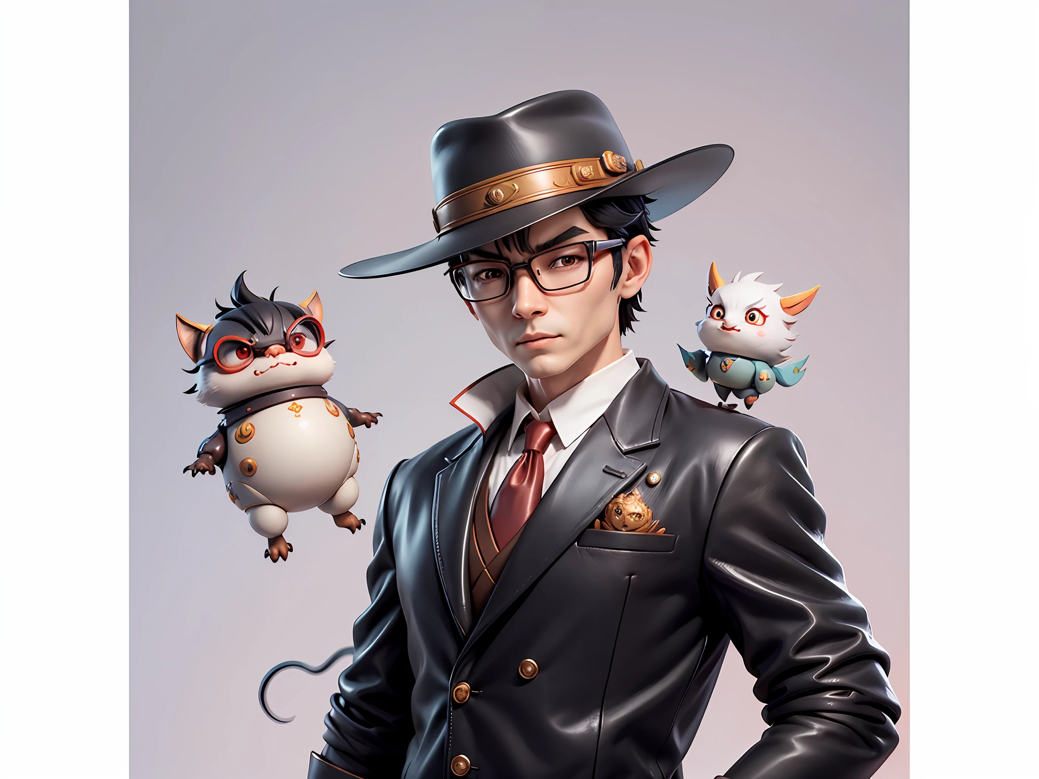 Young man with oriental face in leather hat, dragon, formal suit, short black hair, silver glasses, digital painting, 3D character design by Mark Clairedon and Pixar and Hayao Miyazaki and Akira Toriyama, the illustration is a high-definition illustration in 4K resolution with very detailed facial features and cartoon-style visuals.