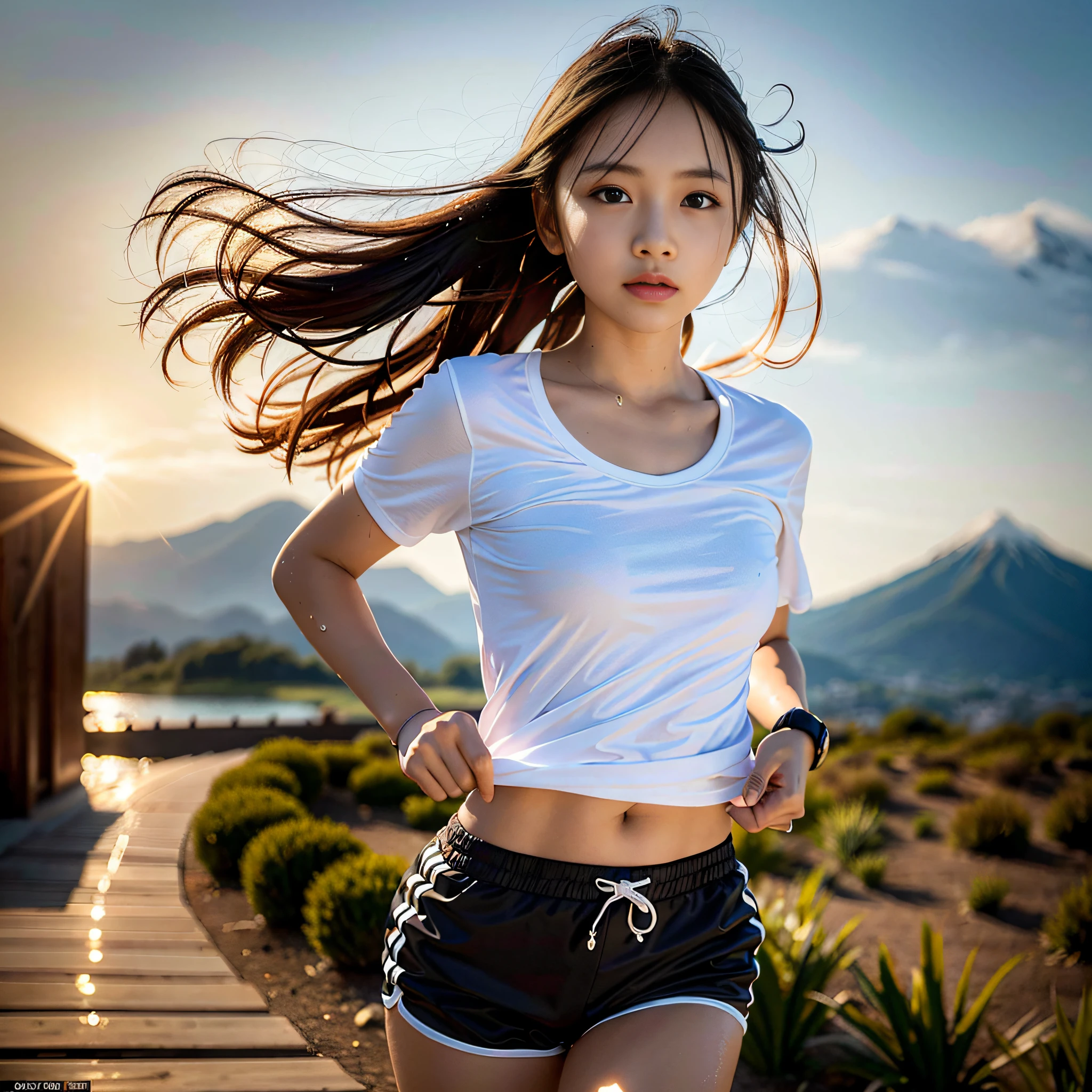 (8k, masterpiece, highest quality, ultra high resolution, photorealistic: 1..2), (mountain landscape, woman running on a dirt path), 1girl: 1.3, solo, shot from afar, looking at the front, (20 years old, beauty, Japan woman, very detailed face: 1.9), (peach-colored running shorts), small face, looking ahead, fine hands, small breasts, little smile, black hair, (fine lips, Lip gloss: 1.3), wet with sweat, (white long t-shirt: 1.5), subject depth, symmetry, sharp focus, shortcut, sunset, bracelet, bright lighting