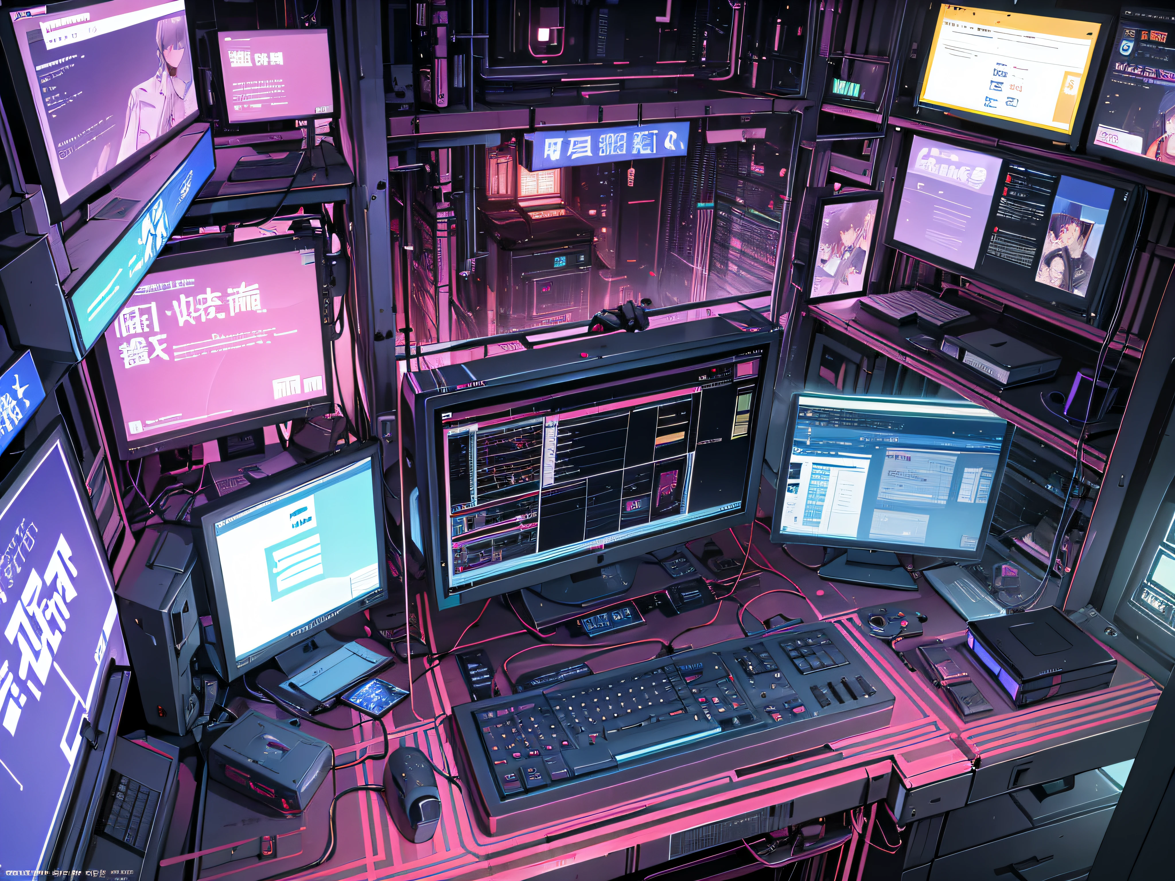 ((最佳质量)),(((超详细)))。(((杰作))),插图。Technical incompetence, near-death experience, futuristic dystopia, hacking attempt, surrounded by monitors and wires, intense fear and panic.