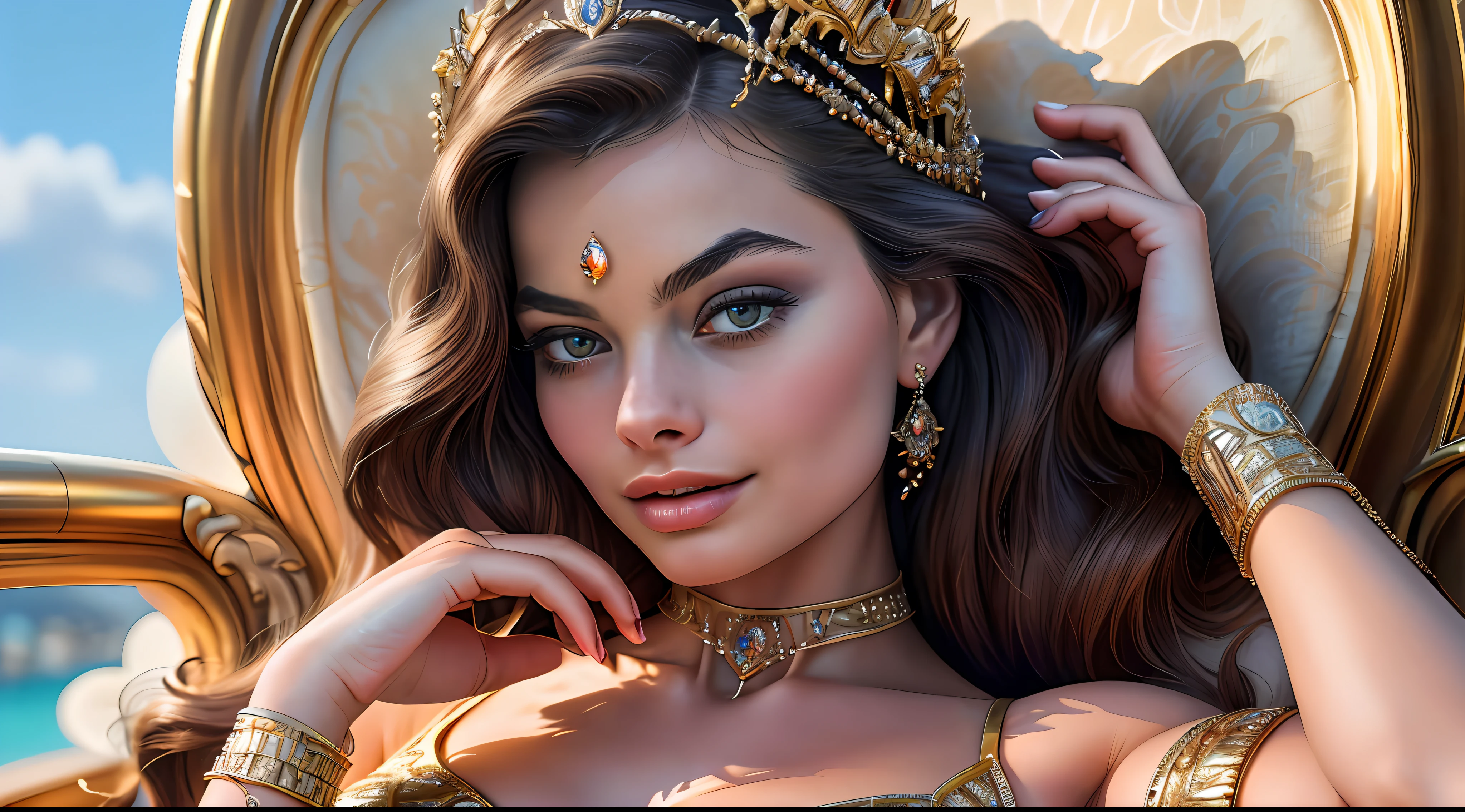 high quality photography of Margot Robbie (super detailed face and body, perfect anatomy, ultra detailed skin, super realistic detailed eyes, perfect lips, detailed) a beautiful Persian princess wearing golden couture posing for haute couture perfect details, intricate, super detailed, super realistic, 12K, hyper detailed skin, detailed eyes, very high resolution, she is distinct and regal, she commands the photograph with her expression and clothing, the fabrics are premium and beautiful, she is confident and strong, the hands are face is realistic, she is serving face, the image is inspiring to women, beautiful artistic talent, the photography is intrusive, photographic moneyshot, taken with Canon EOS R5, 24 – 70mm f/2. 8 lens, perfect anatomy, hands with 4 fingers and 1 thumb, rendered in 8K resolution for high quality detail, 8K image quality, 8K high resolution image, hyper detailed, super realistic, intricate details