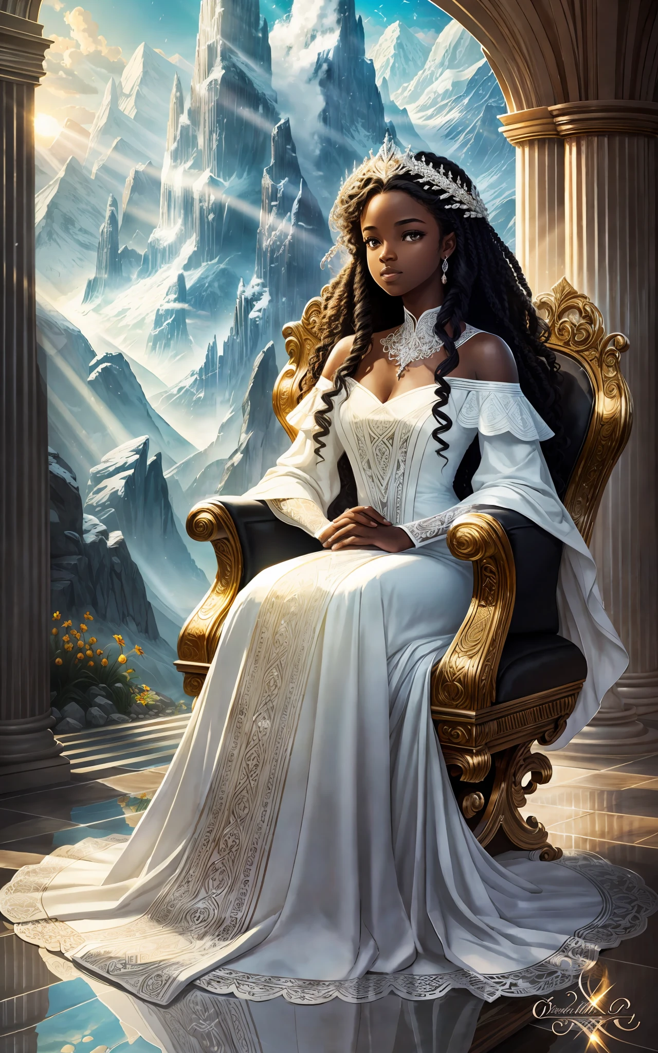 award winning 64k concept art of (black 1girl:1.2) in white majestic dress sitting on the throne in the mountains, posing, epic, god rays, centered, (masterpiece:1.2), (best quality:1.2), Amazing, highly detailed, beautiful, finely detailed, warm soft color grading, Depth of field, extremely detailed 8k, fine art, stunning, iridescent, shiny, (light reflections:1.2), (crisp:1.5), curls, wind, vibrant, sunlit, (edge detection:1.2)