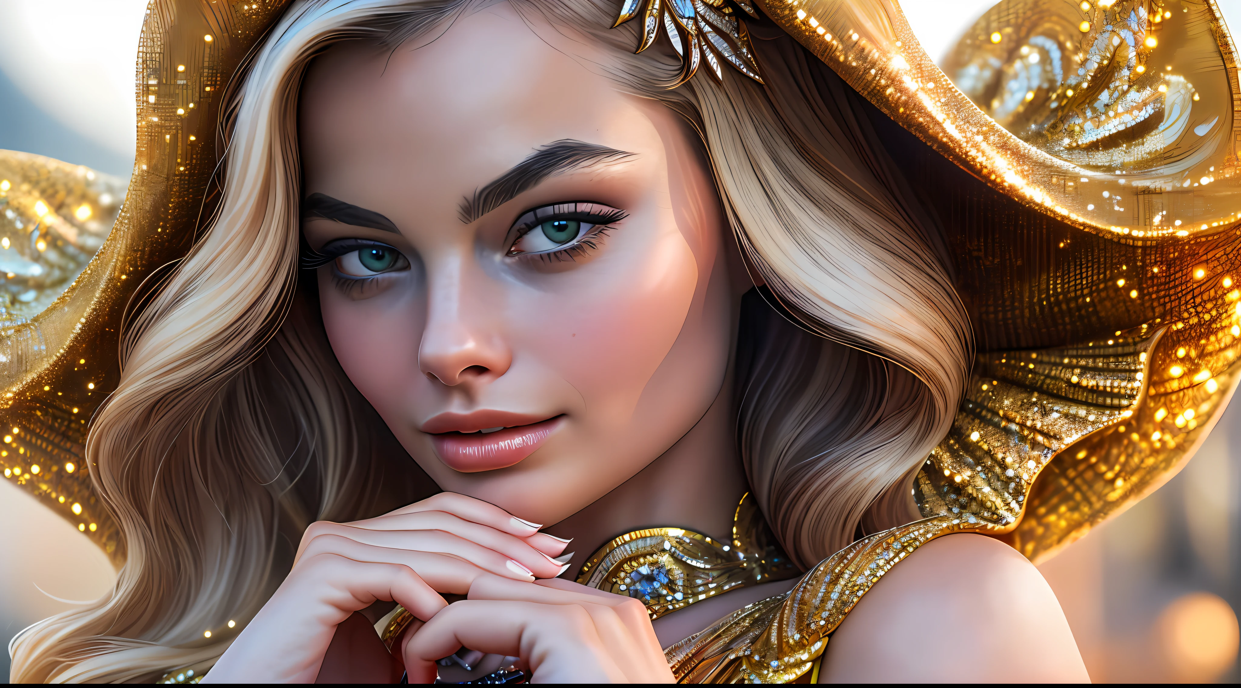 high quality photography of Margot Robbie (super detailed face and body, perfect anatomy, ultra detailed skin, super realistic detailed eyes, perfect lips, detailed) a beautiful Persian princess wearing golden couture posing for haute couture perfect details, intricate, super detailed, super realistic, 12K, hyper detailed skin, detailed eyes, very high resolution, she is distinct and regal, she commands the photograph with her expression and clothing,  the fabrics are premium and beautiful, she is confident and strong, the hands are face is realistic, she is serving face, the image is inspiring to women, beautiful artistic talent, the photography is intrusive, photographic moneyshot, taken with Canon EOS R5, 24 – 70mm f/2. 8 lens, perfect anatomy, hands with 4 fingers and 1 thumb, rendered in 8K resolution for high quality detail, 8K image quality, 8K high resolution image, hyper detailed, super realistic, intricate details