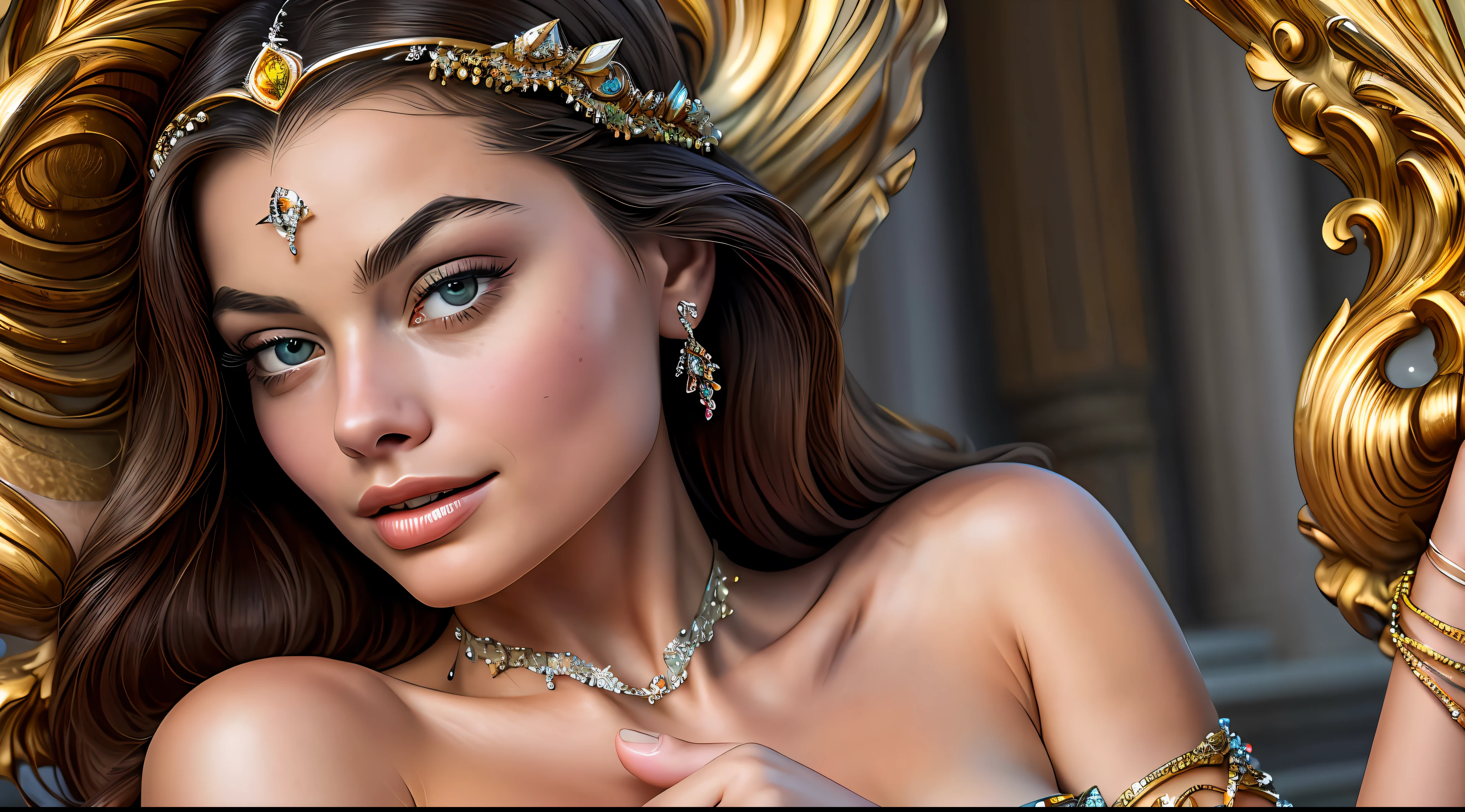high quality photography of Margot Robbie (super detailed face and body, perfect anatomy, ultra detailed skin, super realistic detailed eyes, perfect lips, detailed) a beautiful Persian princess wearing golden couture posing for haute couture perfect details, intricate, super detailed, super realistic, 12K, hyper detailed skin, detailed eyes, very high resolution, she is distinct and regal, she commands the photograph with her expression and clothing,  the fabrics are premium and beautiful, she is confident and strong, the hands are face is realistic, she is serving face, the image is inspiring to women, beautiful artistic talent, the photography is intrusive, photographic moneyshot, taken with Canon EOS R5, 24 – 70mm f/2. 8 lens, perfect anatomy, hands with 4 fingers and 1 thumb, rendered in 8K resolution for high quality detail, 8K image quality, 8K high resolution image, hyper detailed, super realistic, intricate details