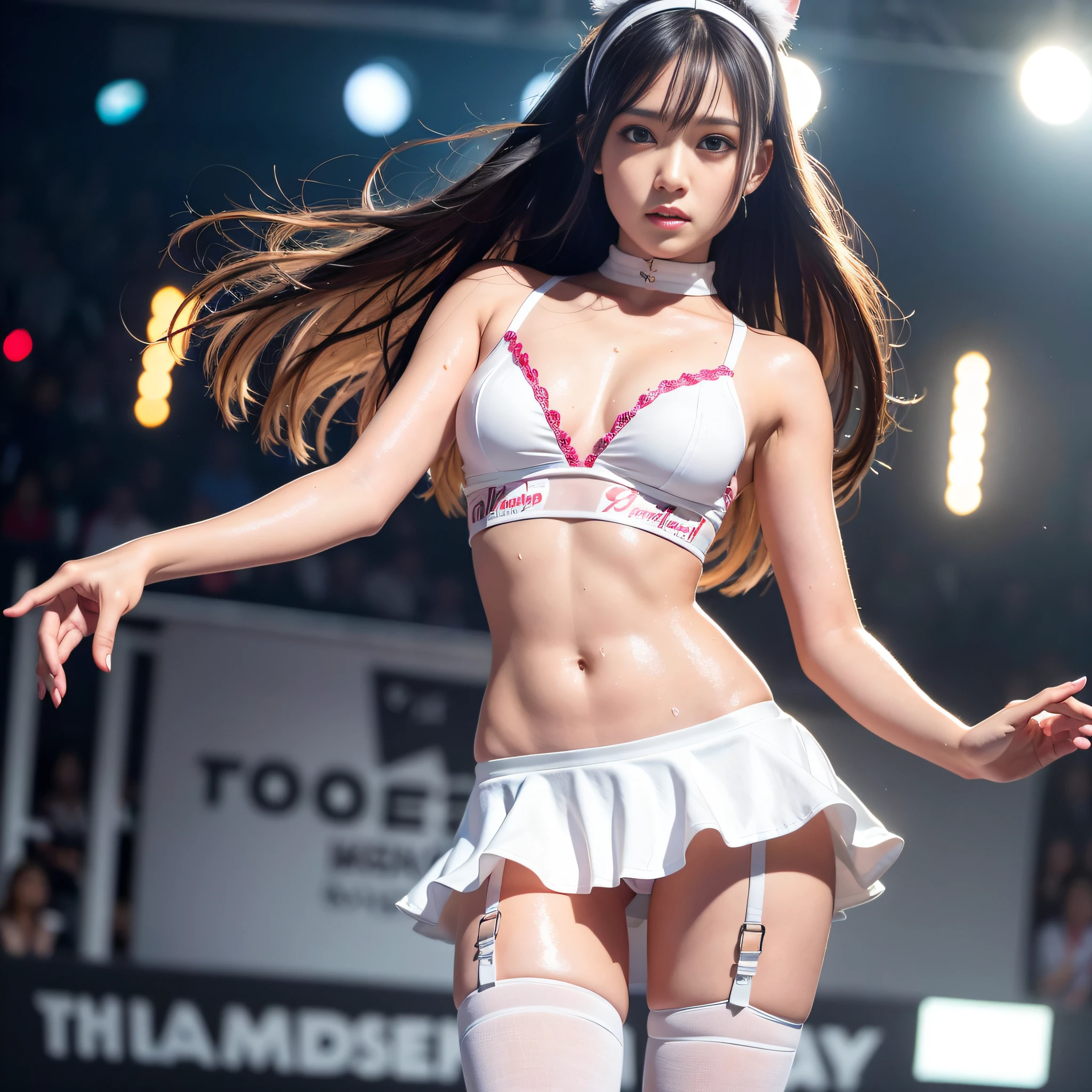 (8k, masterpiece, best quality, high resolution, photorealistic, real girl), (1girl), in a densely drawn stadium, cheerleader, little smile, (body wet with sweat, face wet with sweat: 1.3): 0.2, model figure, ruffled miniskirt, knee-high boots, dainty Japan of 20 years old, very detailed face, double eyelids, makeup, lip gloss, Ultra-intricately drawn body, dense arms, dense hands, dense feet, face in focus, standing, small face, full body from a little distance, sharp focus, shortcut, facing the viewer, dancing, bright lighting, wearing a garter belt, rabbit ear headband