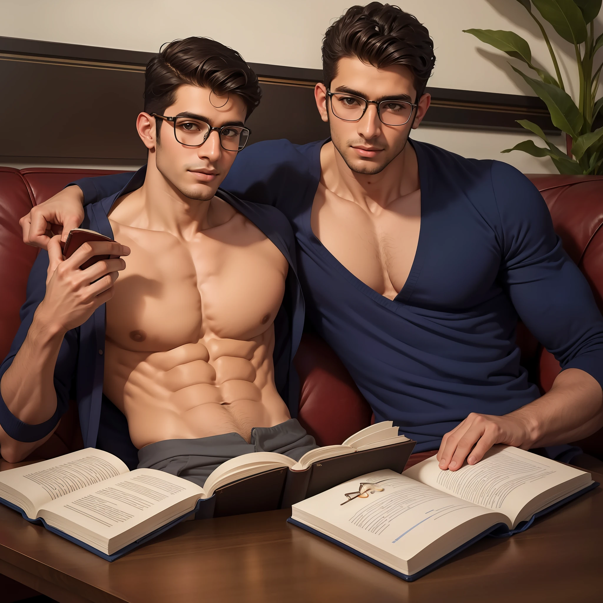 (best quality), realistic portrait of a nerdy Arab male supermodel with a double cleft chin, (reading_glasses) reading a book shirtless in a cafe.