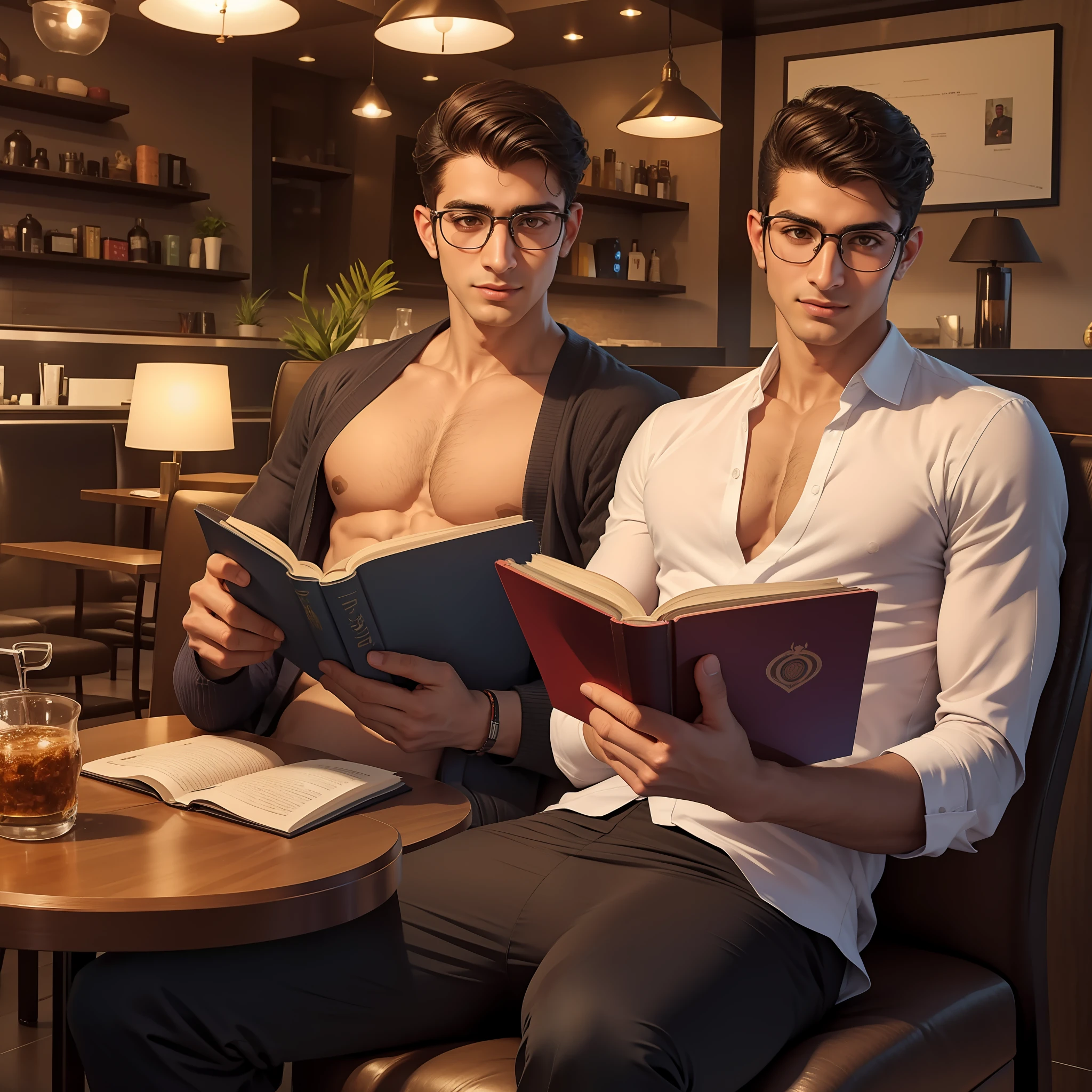 (best quality), realistic portrait of a nerdy Arab male supermodel with a double cleft chin, (reading_glasses) reading a book shirtless in a cafe.