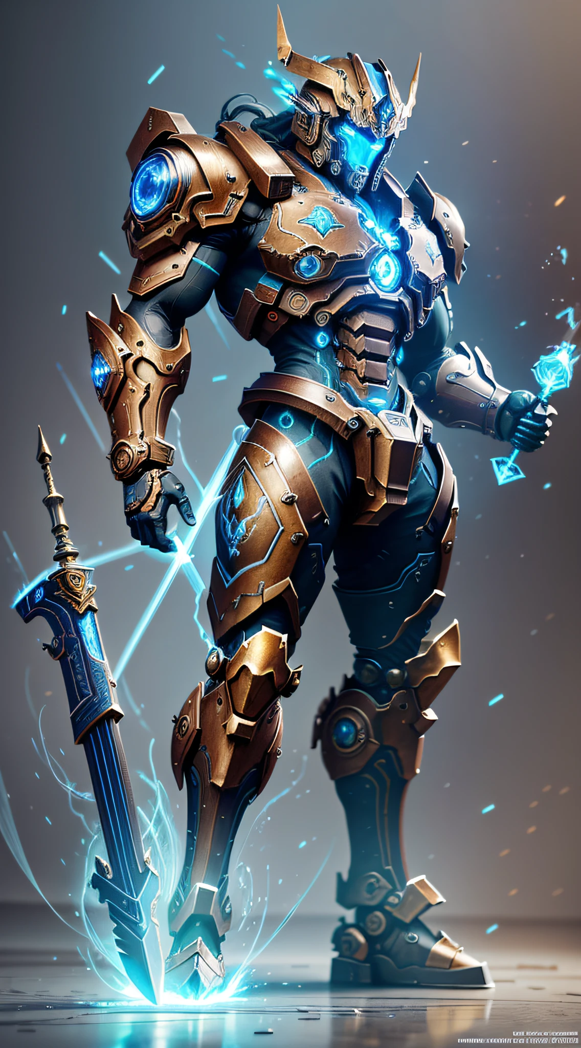 Steampunk style, cold colors, cinematic effects, futuristic sci-fi huge mecha God of War, mecha with dragon pattern on it, holding a huge blue tomahawk, tomahawk particle light, tomahawk particle special effects, aesthetic, scatter, battle posture, battle posture display, super details, face face exquisite details, clear contours, facial close-up, perfect details, 8K, top painting, feature article, studio environment, concept art, epic composition with HD details, metallic texture and tension composition, hyper-realism, ultra-realistic, Rich in detail, 3D. C4D,