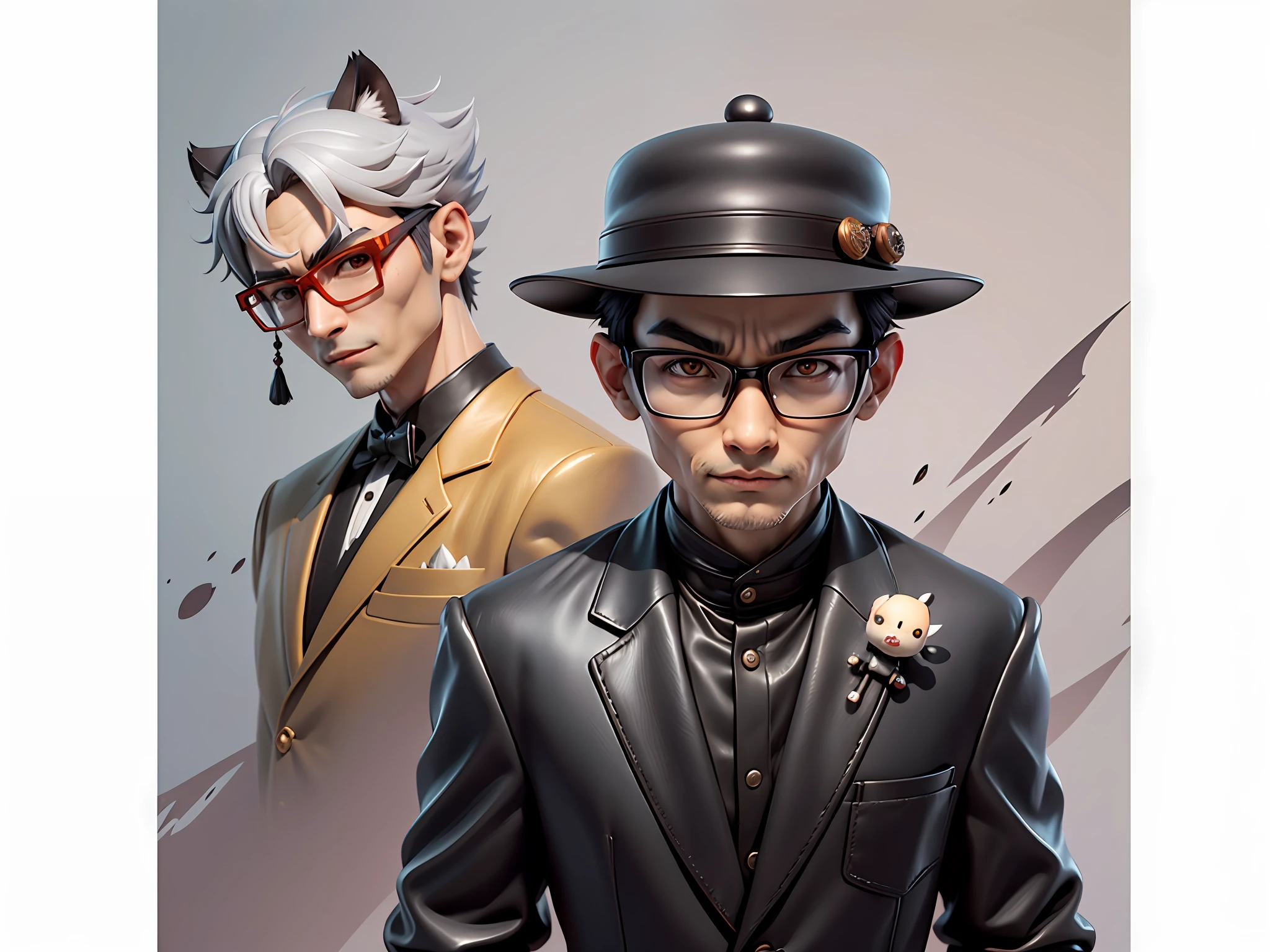 Young man with oriental face in leather hat, tiger, oriental face in formal suit, short black hair, silver glasses, digital painting, 3D character design by Mark Clairedon and Pixar and Hayao Miyazaki and Akira Toriyama, the illustration is a high-definition illustration in 4K resolution with very detailed facial features and cartoon-style visuals.