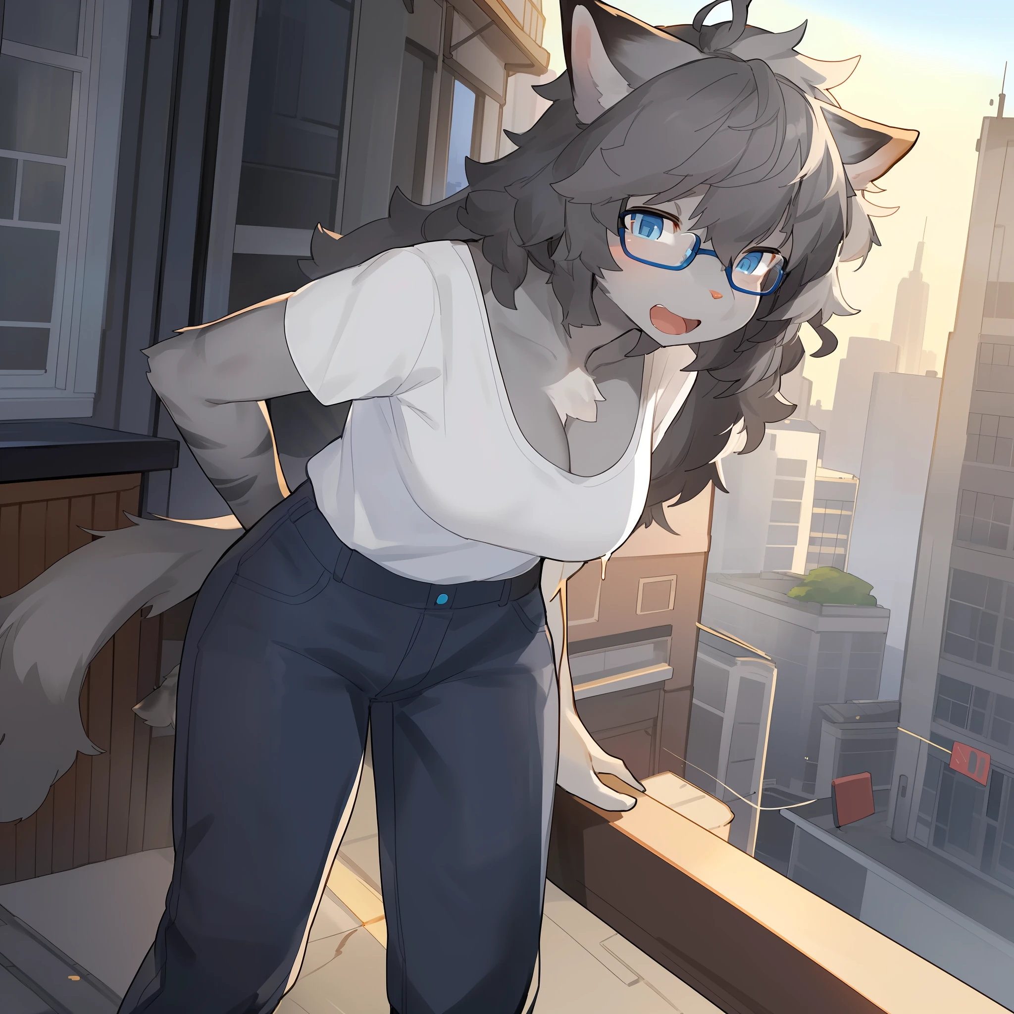Perfectly detailed hands, solo, female, hair, (((detailed eyes))), city, golden hour, plants, (((by bebebebebe))), by buta99, by pgm300, by kishibe, by suurin 2, by sindoll, (((dark grey hair))), (((wavy hair))), stripes, (((grey fur))), (((grey body))), tabby, feline, glasses, tee shirt, (((blue eyes))), open mouth, facing camera, standing, jeans, cleavage, blue glasses, (((messy hair))), short hair