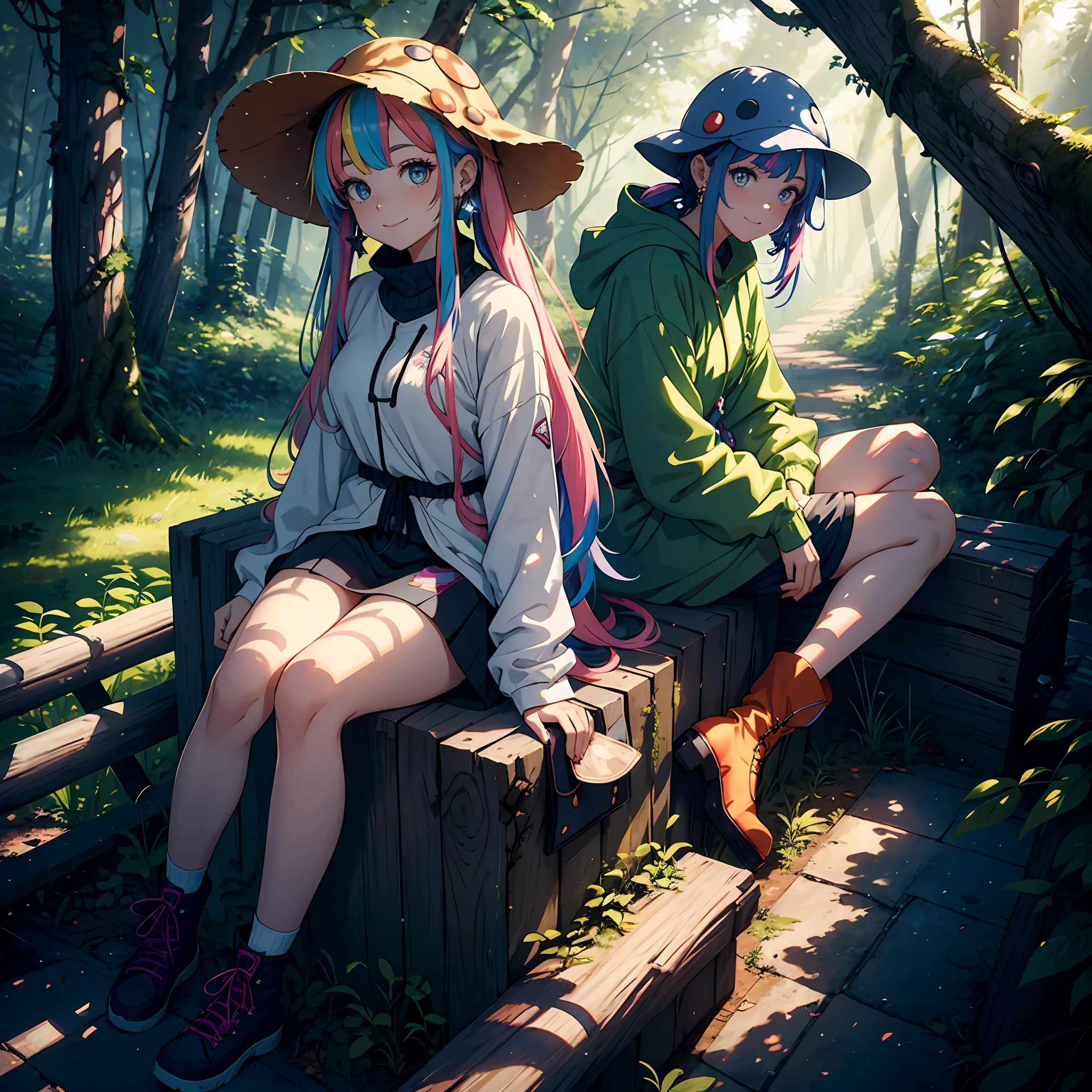 An adult woman, anime style, with baggy clothes and bigger than her, wearing a mushroom lap hat, long colored hair, lots of color, several different colors, vibrant, rainbow colored eyes, rainbow hair, in the clearing of a forest, sitting on a log, looking up, sun, various points of light, crystal light effects, random colors in the air, smiling open-mouthed, beams of light passing through her, star-shaped sparkles, butterflies flying, a shoulder sample, long earrings, big boots