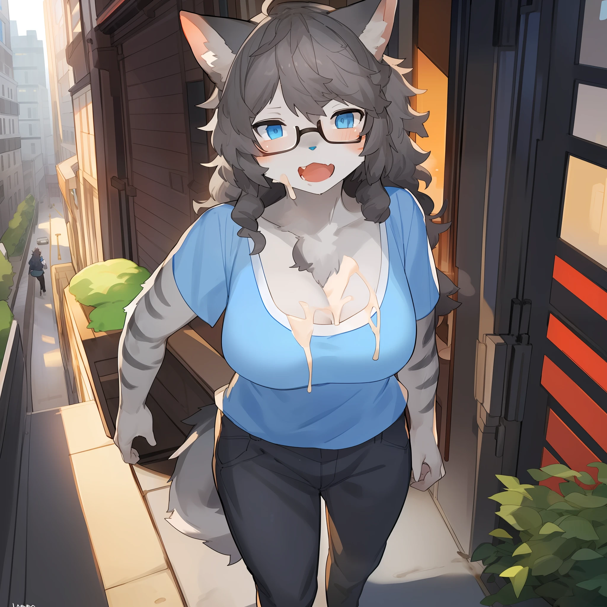 Perfectly detailed hands, solo, female, hair, (((detailed eyes))), city, golden hour, plants, (((by bebebebebe))), by buta99, by pgm300, by kishibe, by suurin 2, by sindoll, (((dark grey hair))), (((wavy hair))), stripes, (((grey fur))), (((grey body))), tabby, feline, glasses, tee shirt, (((blue eyes))), open mouth, facing camera, standing, jeans, cleavage, blue glasses, (((messy hair))), short hair