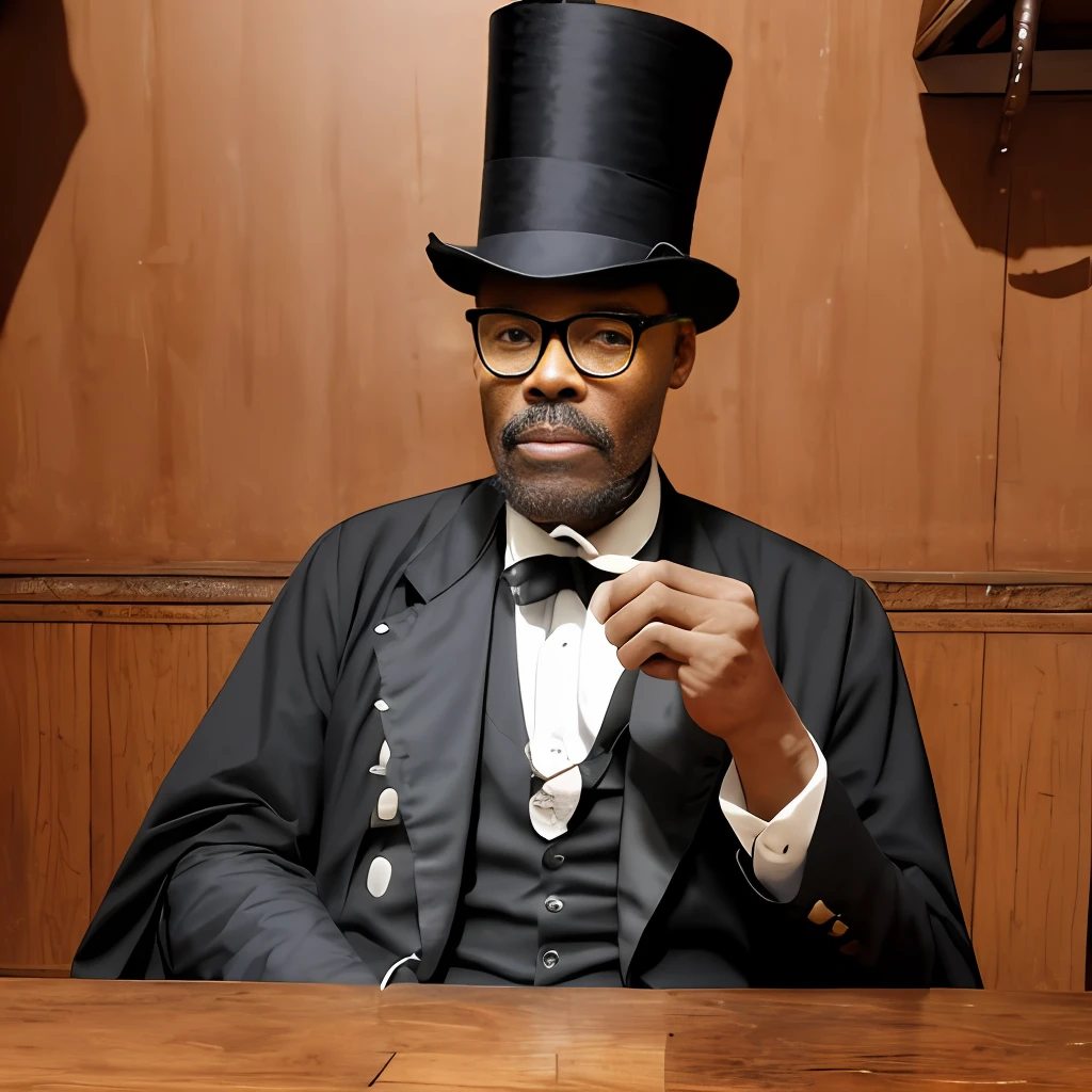 guttonerdreliberate1, bespectacled man in nineteenth-century social clothes, with top hat and cape, bright eyes and a skull cane, sitting at the table holding a crystal glass sipping a drink, realistic, photorealistic. 8k uhd