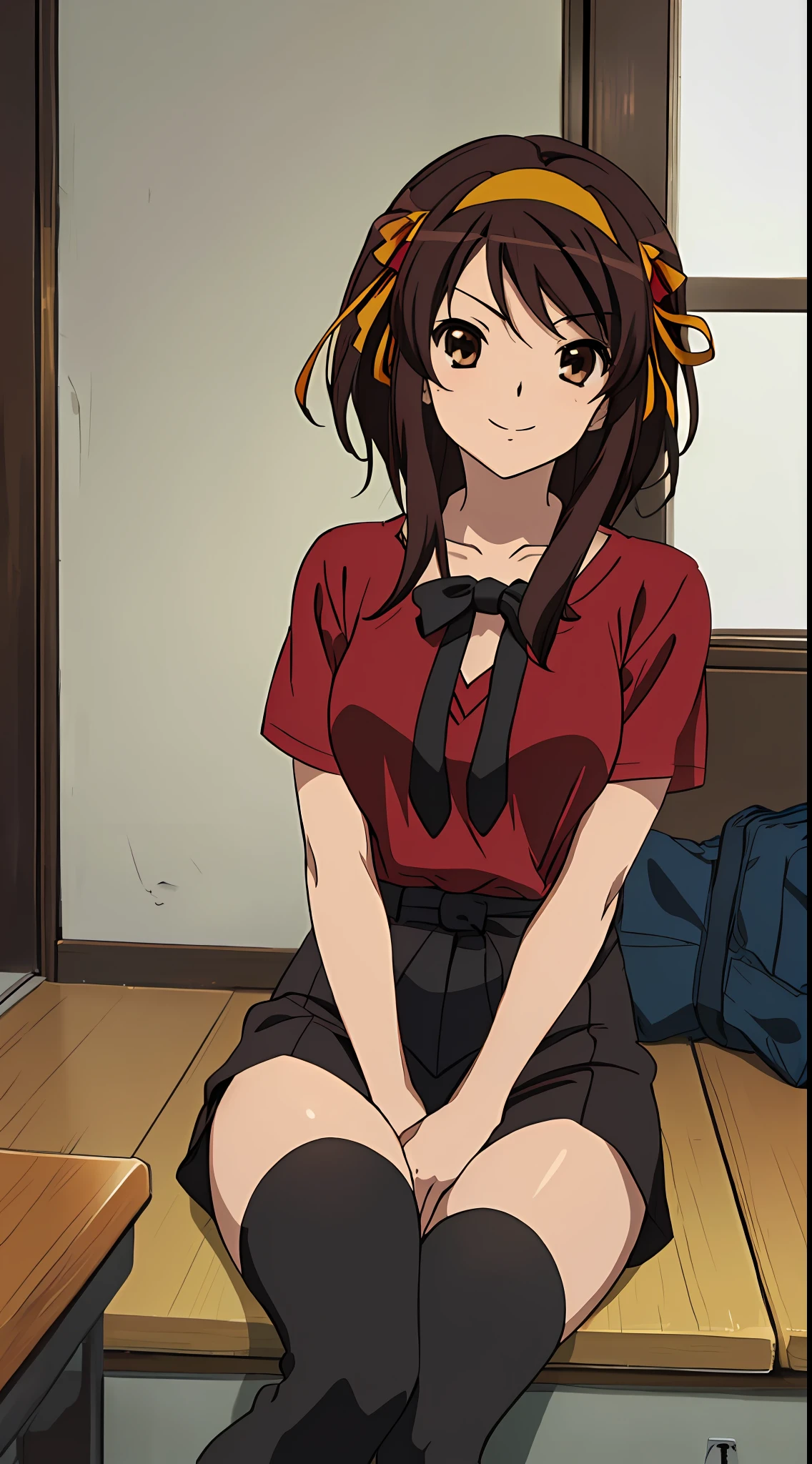 masterpiece, best quality, high definition, 1girl, solo, one, superhero, ((shirt, red shirt, black tie, red shirt with black tie)), stockings, brown hair, short hair, brown eyes, hair headband, medium hair, ribbon, boots, matching shoes, medium chest, sitting, smiling, in the room, Haruhi Suzumiya, Kyoiani Haruhi style, autumn, winter, cloudy, very detailed face