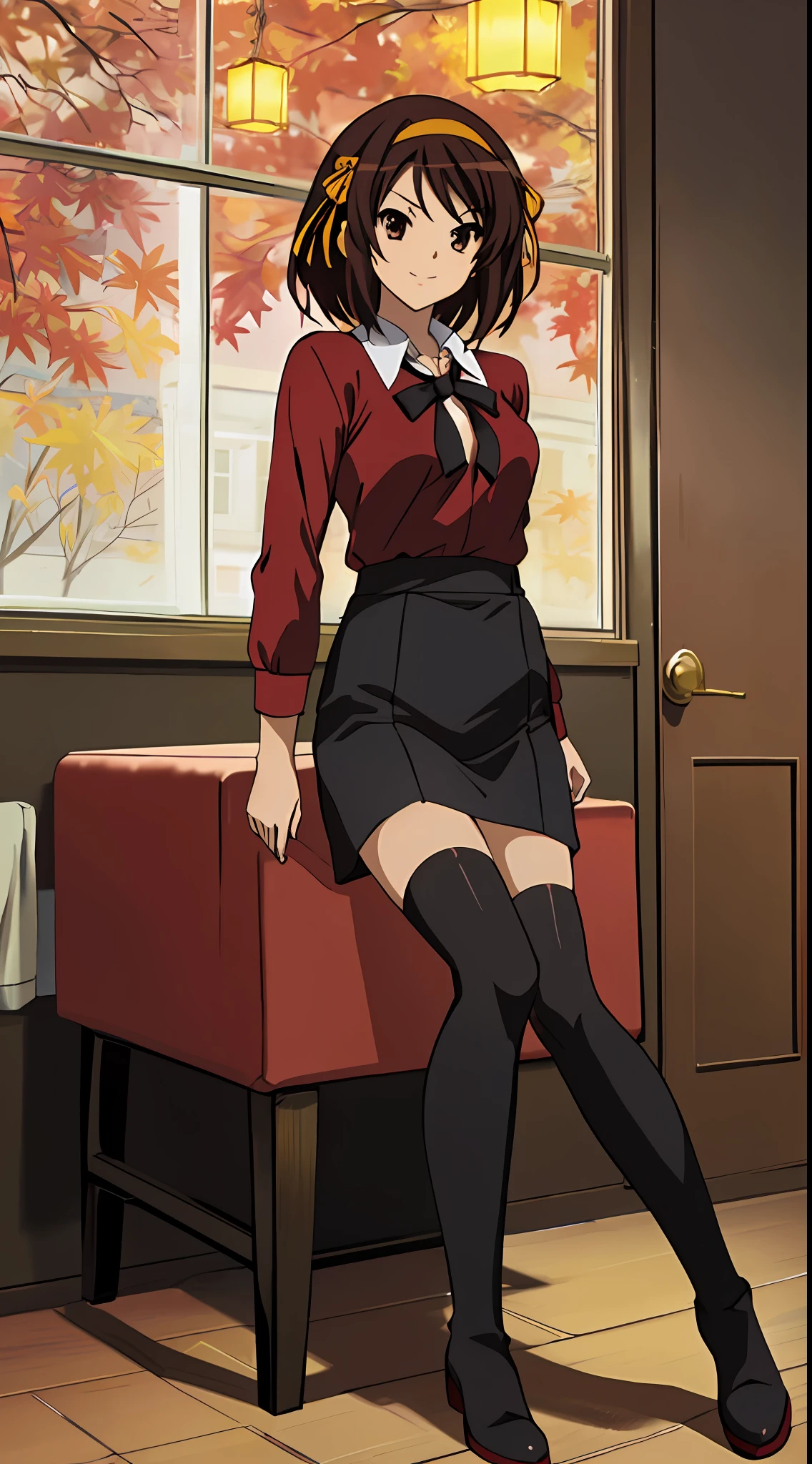 masterpiece, best quality, high definition, 1girl, solo, one, superhero, ((shirt, red shirt, black tie, red shirt with black tie)), stockings, brown hair, short hair, brown eyes, hair headband, medium hair, ribbon, boots, matching shoes, medium chest, sitting, smiling, in the room, Haruhi Suzumiya, Kyoiani Haruhi style, autumn, winter, cloudy, very detailed face