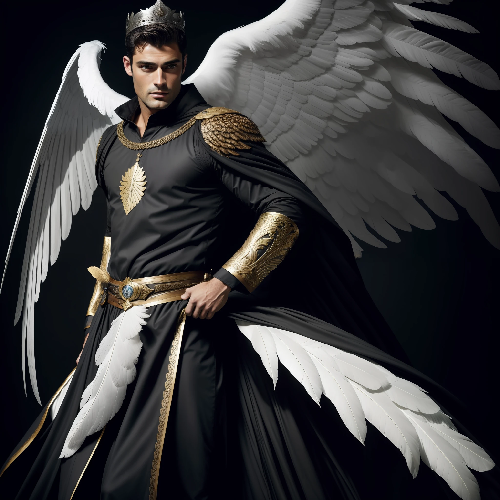 Man with large wings of white feathers on the back, Wearing Tunic, Angel of the Mysteries, dark black background, Magician, large wings, Sean O'Pry, wearing short black beard, wearing Golden Crown, focus on the details of the face, serious and attractive man, wearing white tunic, magical and royal effect, movie cover, powerful celestial warrior, similar to model Sean O'Pry, Dark black image background, (8k, RAW photo, best quality, masterpiece: 1.2), (realistic, realistic photo: 1.37), professional lighting.