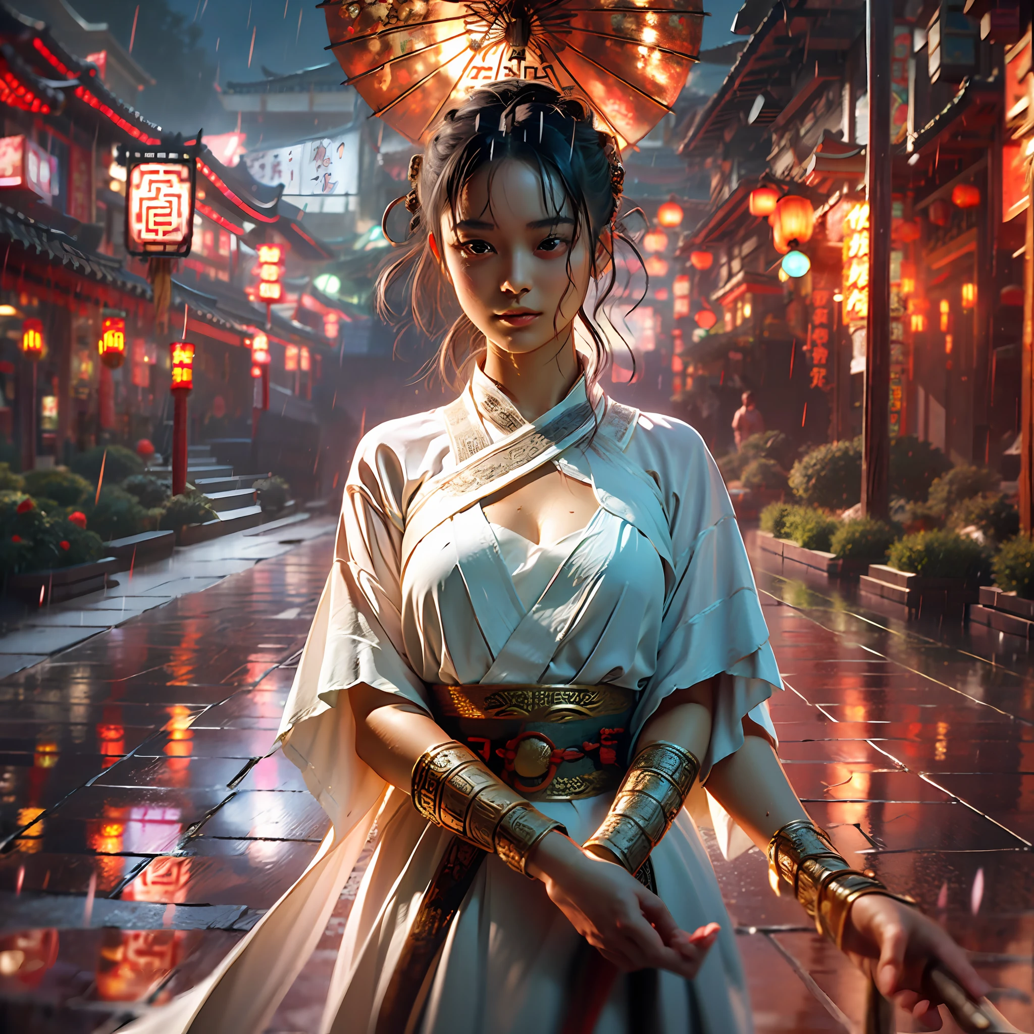 (8k, best quality, masterpiece: 1.2), (realistic, photo-realistic: 1.37), top quality, masterpiece, a black woman, wearing a white dress with v cut on collar, beautiful and toned body, neckline, seductive smiles with dimples, ((beautiful),(ancient Chinese city),(after the rain),(sentimental)),(feelings),(quiet),(street),(meditative),(black and white:0.3)| (fog: 1.3), (light rain: 1.2+ heavy rain: 1.3) --auto --s2