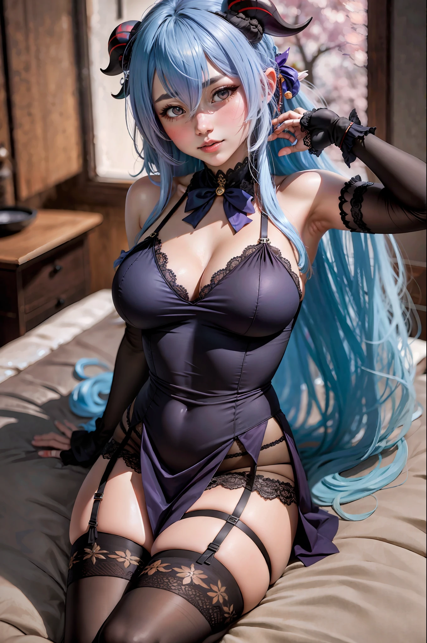 (realism, real shoot, cosplay, cosplaygirl, cosplayer), 8rk, 3D, ultra detailed, small detailed, masterpiece, best quality, 1girl, solo, long hair, (big breasts :1.4), sexy body, open tummy, stockings, garter belt, blush, bangs,wide thigh-highs, seductive transparent dress, nightgown, slim lace bra, slim lace panties, cleavage, hair between eyes, bare shoulders, sitting on knees, very long hair, blue hair, purple eyes, ahoge, thighs, parted lips, horns, sleeveless, alternate costume, slim dress, wide thighhighs, half naked, half nude, aroused, black background, full body view, goat horns, ganyu /(genshin impact/), ( Ganyu ),