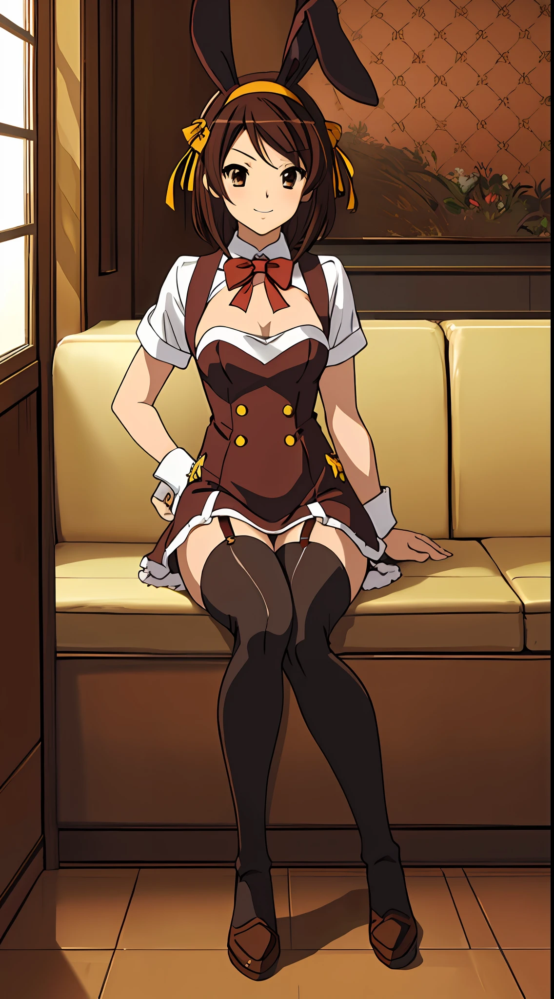 masterpiece, best quality, high definition, 1girl, solo, one, superhero, ((bunny girl costume, bunny girl)), stockings, brown hair, short hair, brown eyes, hair headband, medium hair, ribbon, boots, matching shoes, medium chest, sitting, smiling, in the room, Haruhi Suzumiya, Kyoani Haruhi style, autumn, winter, cloudy, very detailed face