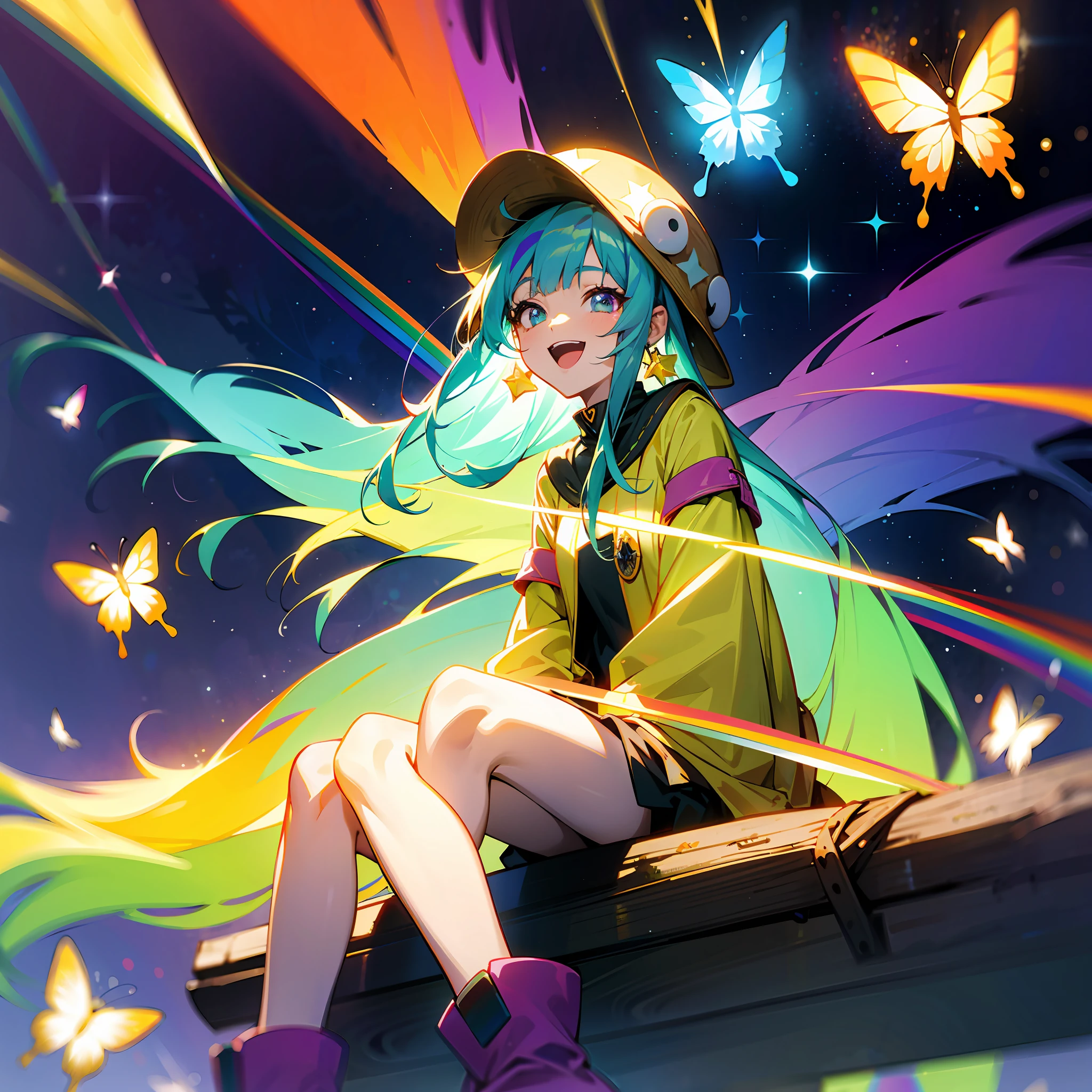 An adult woman, anime style, with baggy clothes and bigger than her, wearing a mushroom lap hat, long colored hair, lots of color, several different colors, vibrant, rainbow colored eyes, rainbow hair, in the clearing of a forest, sitting on a log, looking up, sun, various points of light, crystal light effects, random colors in the air, smiling open-mouthed, beams of light passing through her, star-shaped sparkles, butterflies flying, a shoulder sample, long earrings, big boots