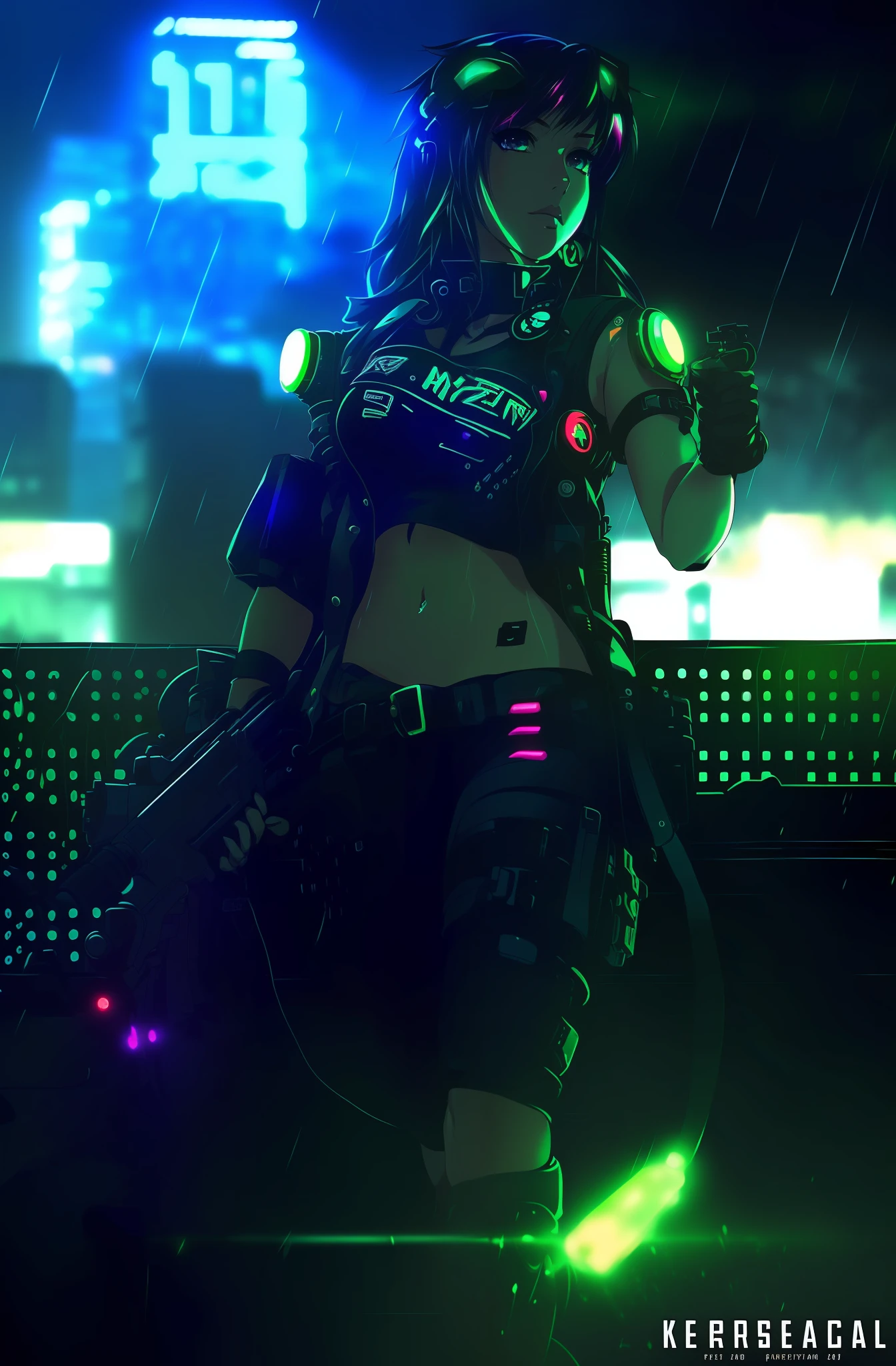 a close up of a person with a gun in the rain, digital cyberpunk anime art, anime cyberpunk art, cyberpunk anime girl mech, digital cyberpunk - anime art, cyberpunk themed art, cyberpunk art style, muscular! cyberpunk, cyberpunk anime art, cyberpunk soldier, neon cyberpunk, in cyberpunk style, female lucio, cyberpunk anime girl, neon scales and cyborg tech, neon armor
