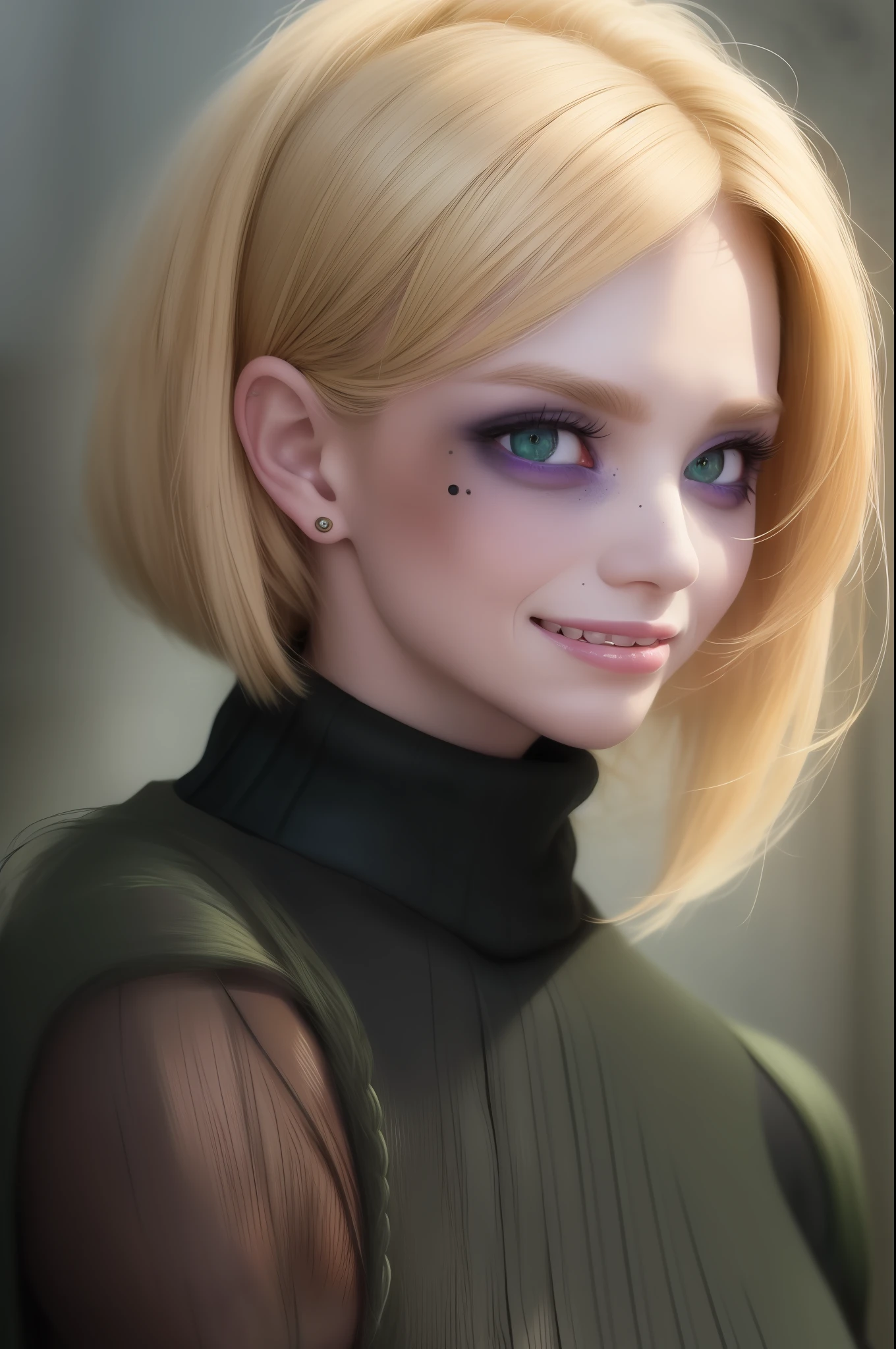 best quality, masterpiece, realistic, 2 women, 22 years old, blonde hair, black sweater, post-apocalyptic, upper body, detailed face, beautiful eyes, (wide smile:1.5), freckles, dramatic, vibrant and sharp focus, shades of green and lilac
