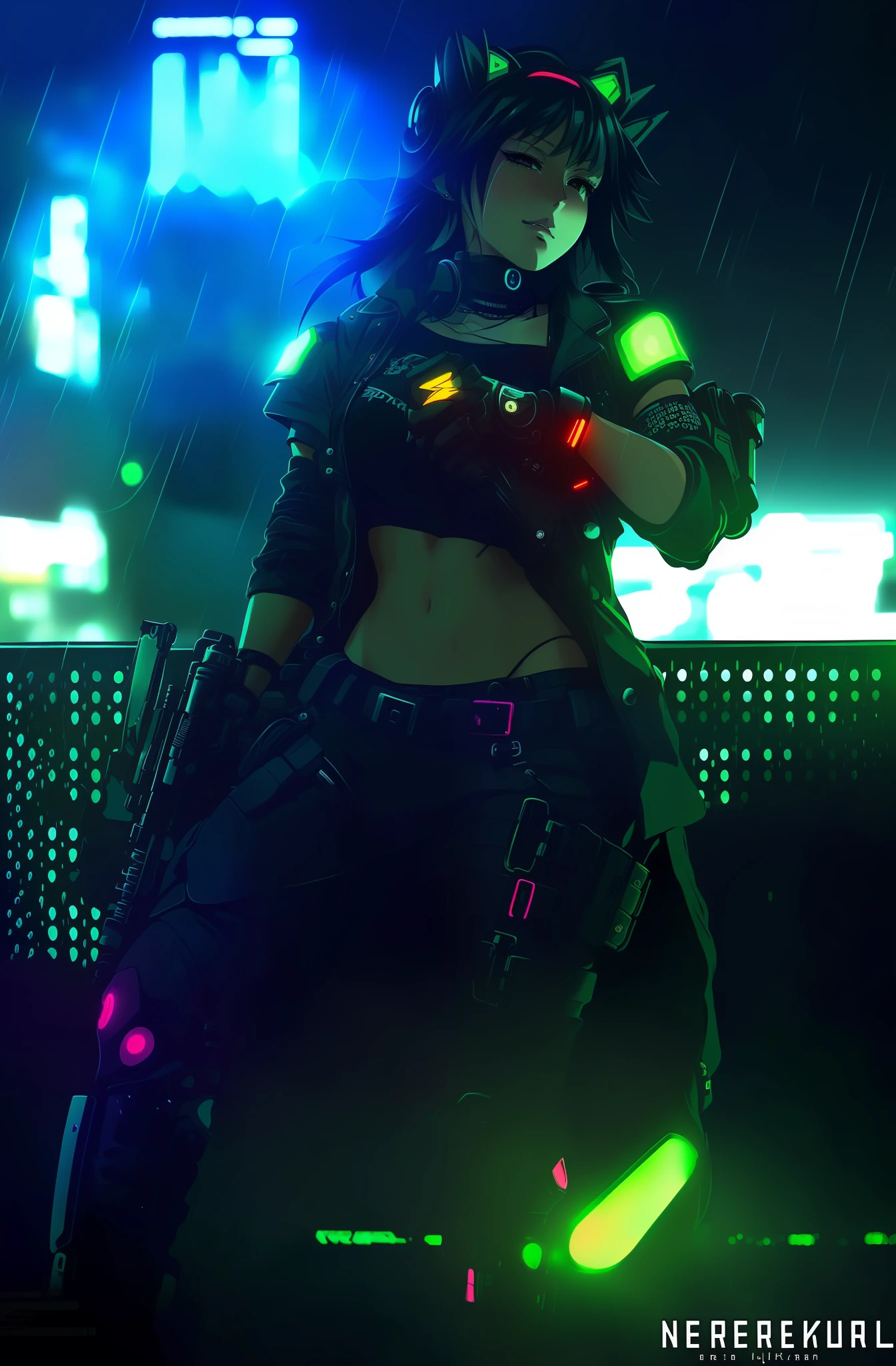 a close up of a person with a gun in the rain, digital cyberpunk anime art, anime cyberpunk art, cyberpunk anime girl mech, digital cyberpunk - anime art, cyberpunk themed art, cyberpunk art style, muscular! cyberpunk, cyberpunk anime art, cyberpunk soldier, neon cyberpunk, in cyberpunk style, female lucio, cyberpunk anime girl, neon scales and cyborg tech, neon armor