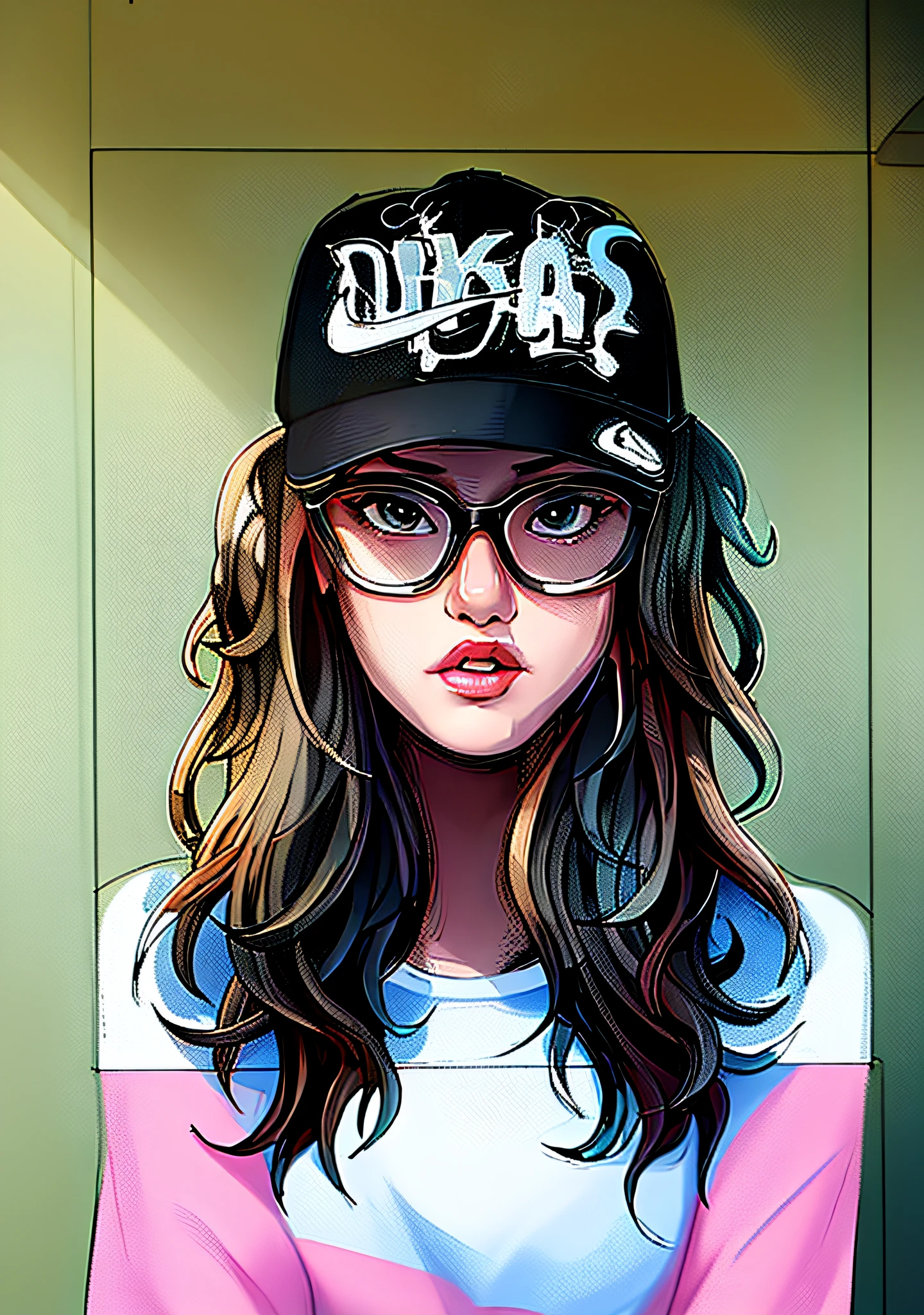 a girl with glasses and a baseball cap, realistic anime, colorful anime