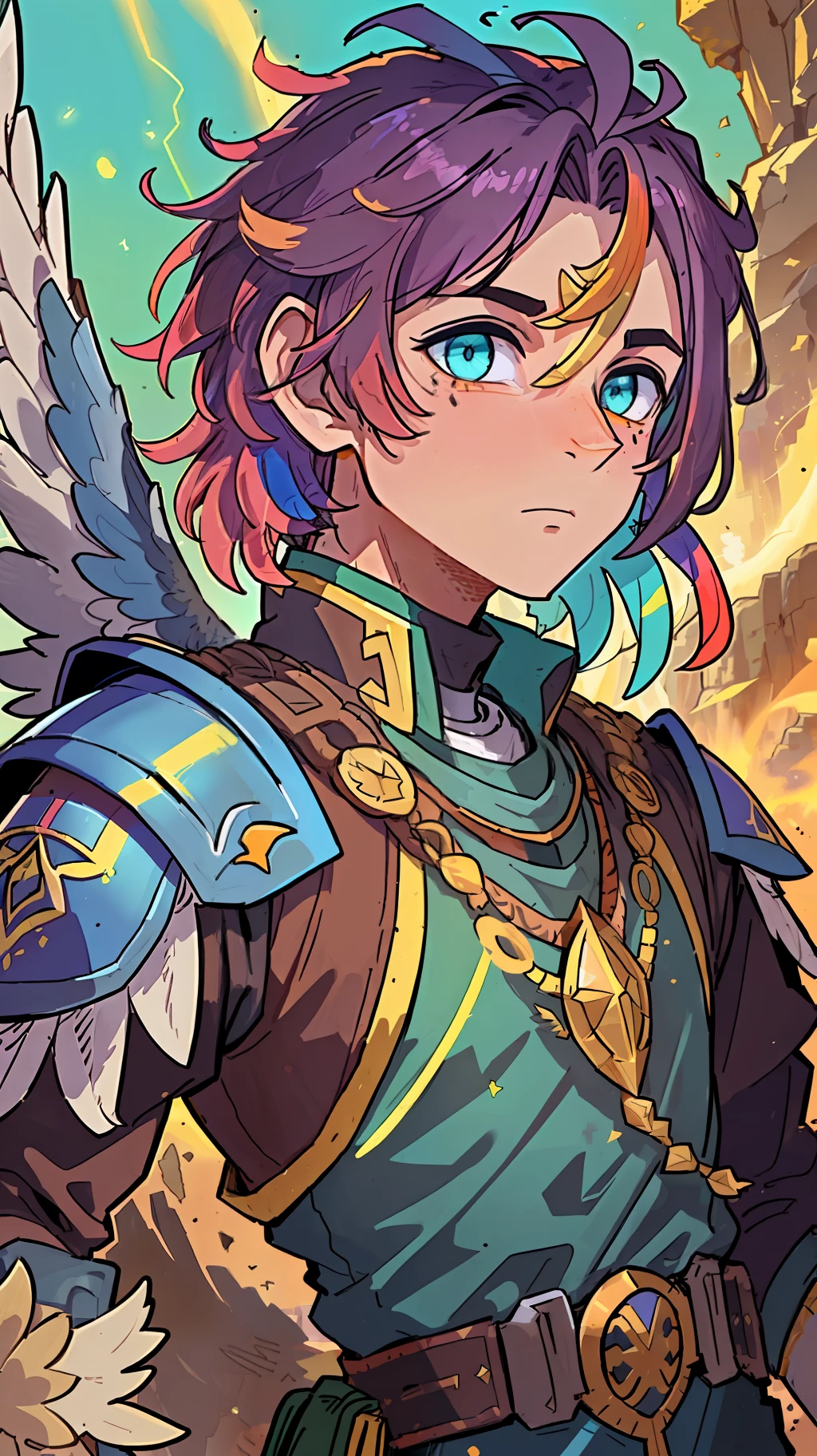 "(male character:1.2,bird boy:1.3,colorful:1.1,wings:1.3), (paladin armor, Arabic garb), (desert oasis:1.1), unique angle, (vibrant colors), (heat wave effect:1.1), (dramatic lighting), Warm colors, feathered hair, close up, Raibow hair, detailed face.