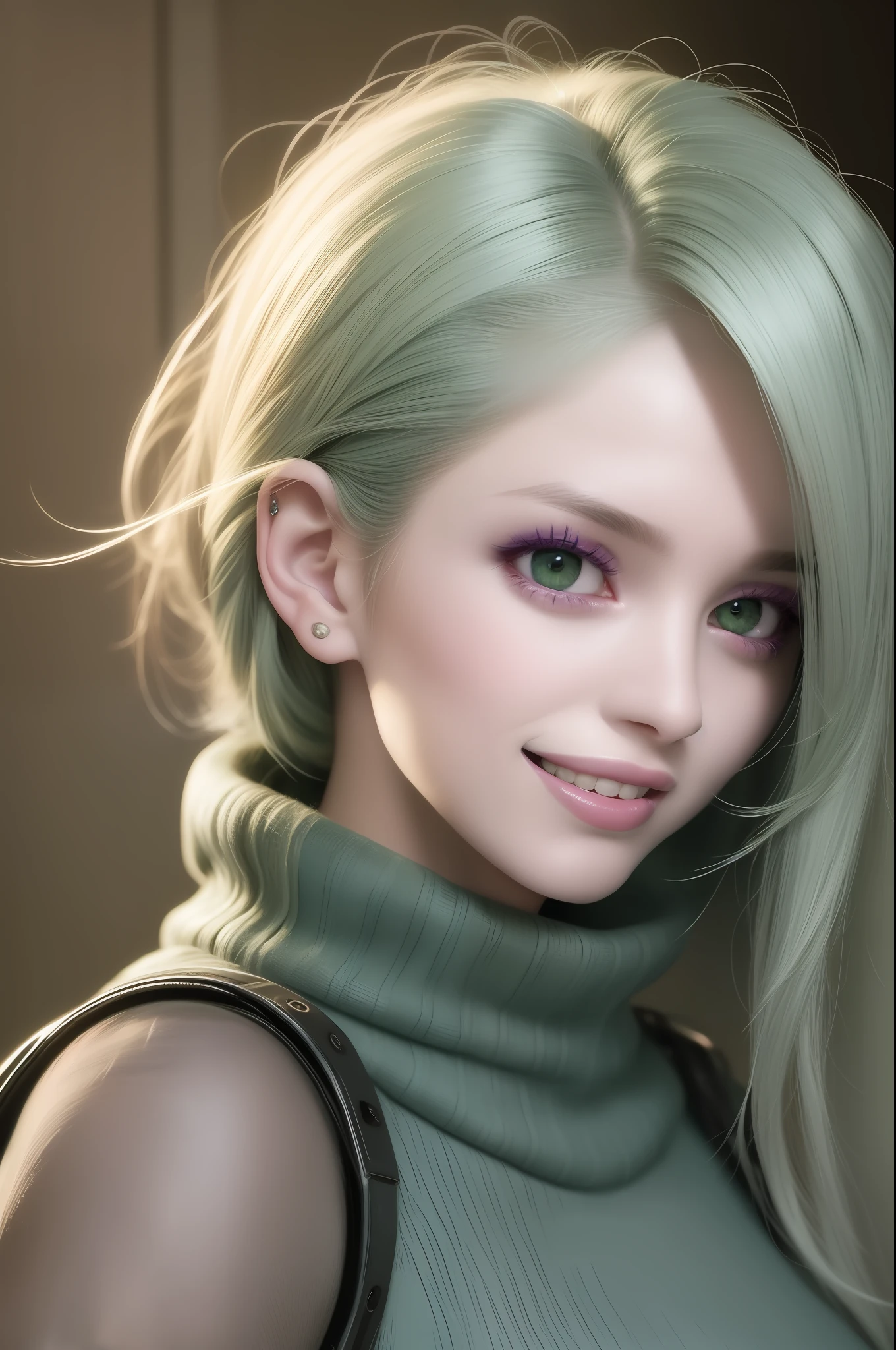 best quality, masterpiece, realistic, 2 women, 22 years old,lilac hair, transparent sweater, post-apocalyptic, upper body, detailed face, beautiful green eyes, (wide smile:1.5), dramatic, vibrant and sharp focus,
